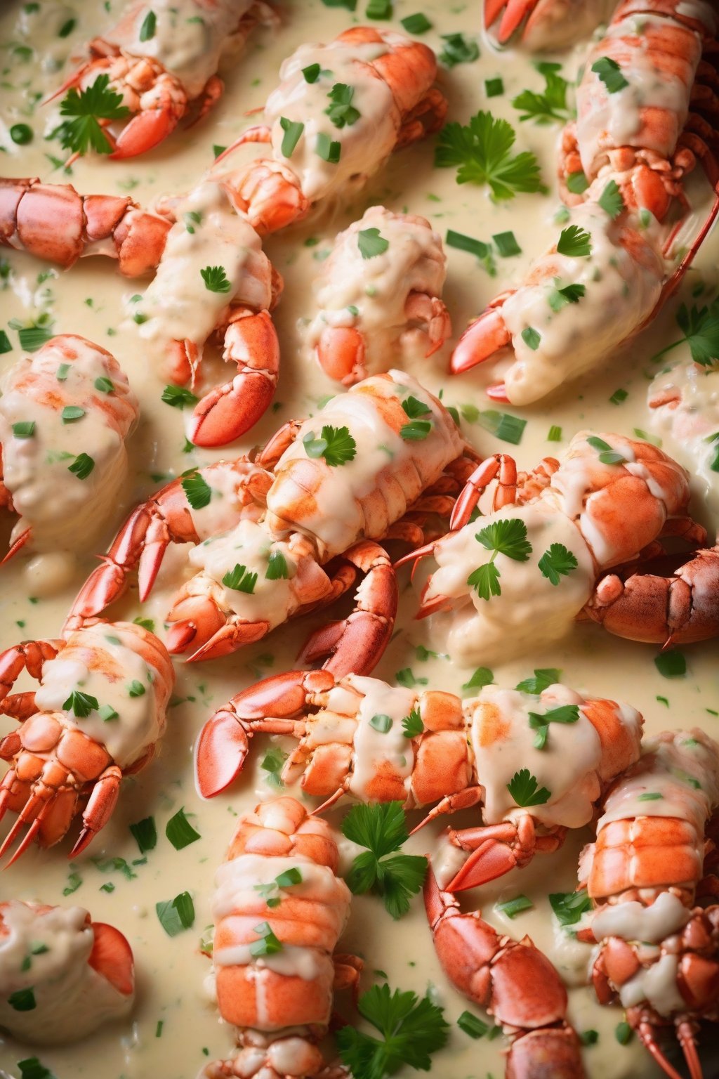 A high-resolution photo of champagne lobster tails in creamy sauce, elegant with chives, under soft lighting.