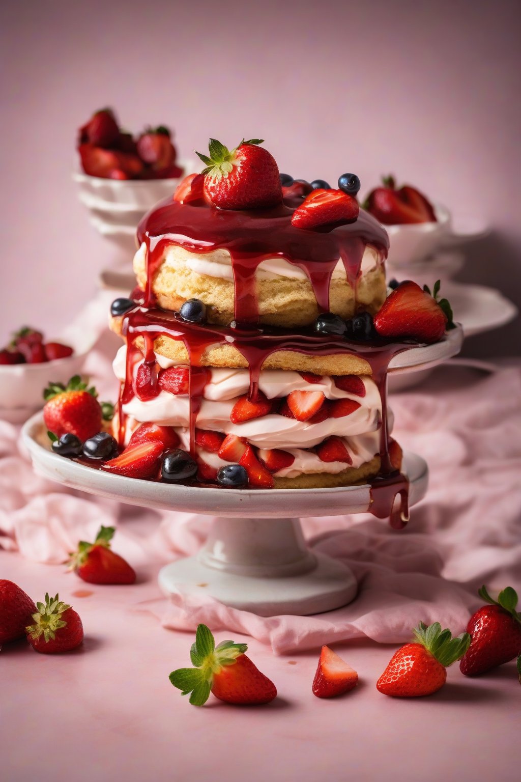 A high-resolution photo of balsamic glazed layered strawberry shortcake with shiny berry glaze, under soft lighting.