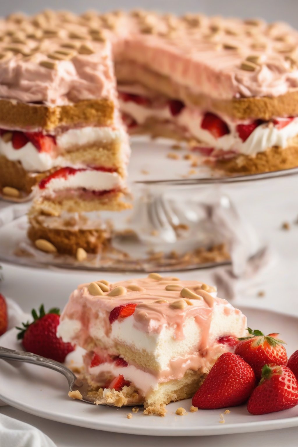 A high-resolution photo of peanut butter layered strawberry shortcake oozing creamy filling, under soft lighting.