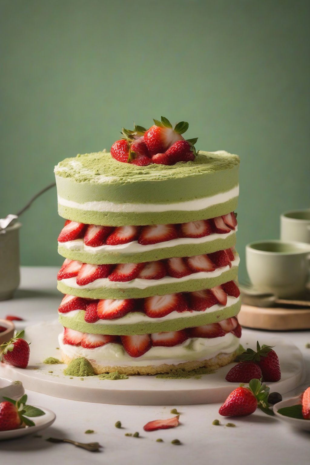 A high-resolution photo of matcha infused layered strawberry shortcake with green-tinted layers and red berries, under soft lighting.