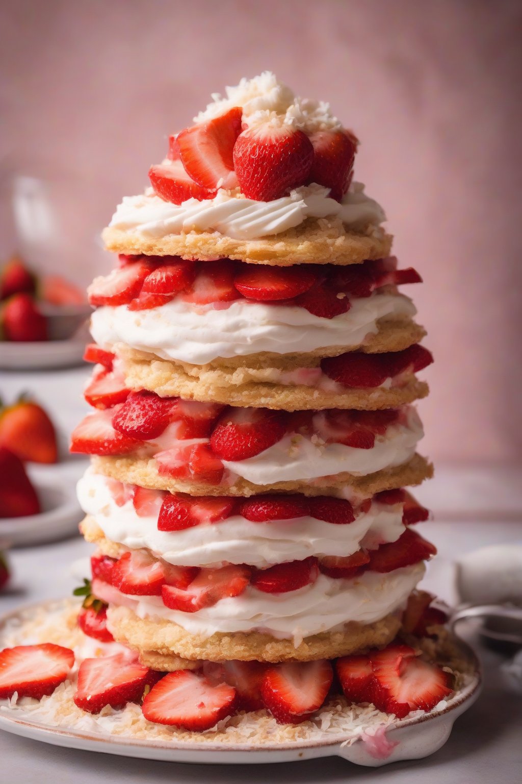 A high-resolution photo of vegan layered strawberry shortcake stacked high with coconut cream dollops, under soft lighting.