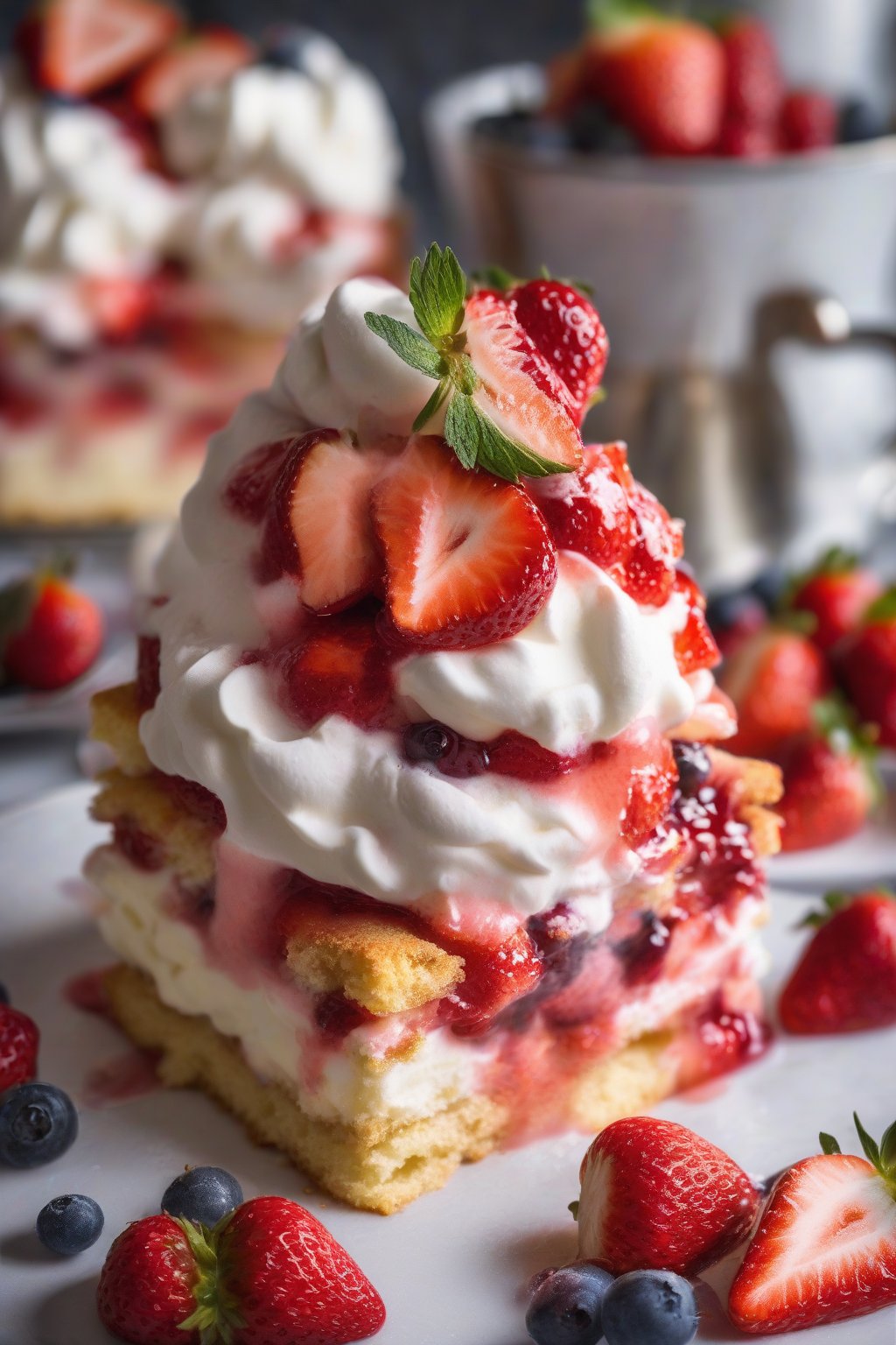 A high-resolution photo of boozy rum layered strawberry shortcake glistening with rum-soaked berries, under soft lighting.