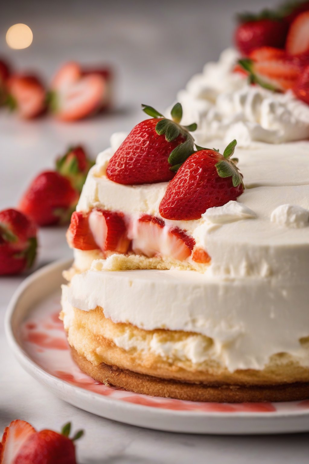 A high-resolution photo of cheesecake stuffed layered strawberry shortcake with thick cream cheese visible, under soft lighting.