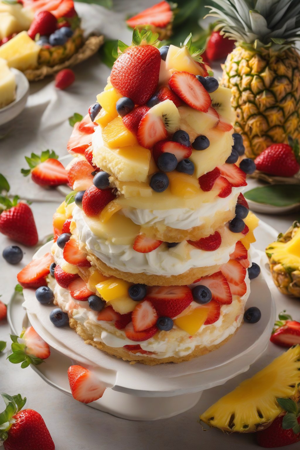 A high-resolution photo of tropical pineapple layered strawberry shortcake overflowing with mixed fruits, under soft lighting.