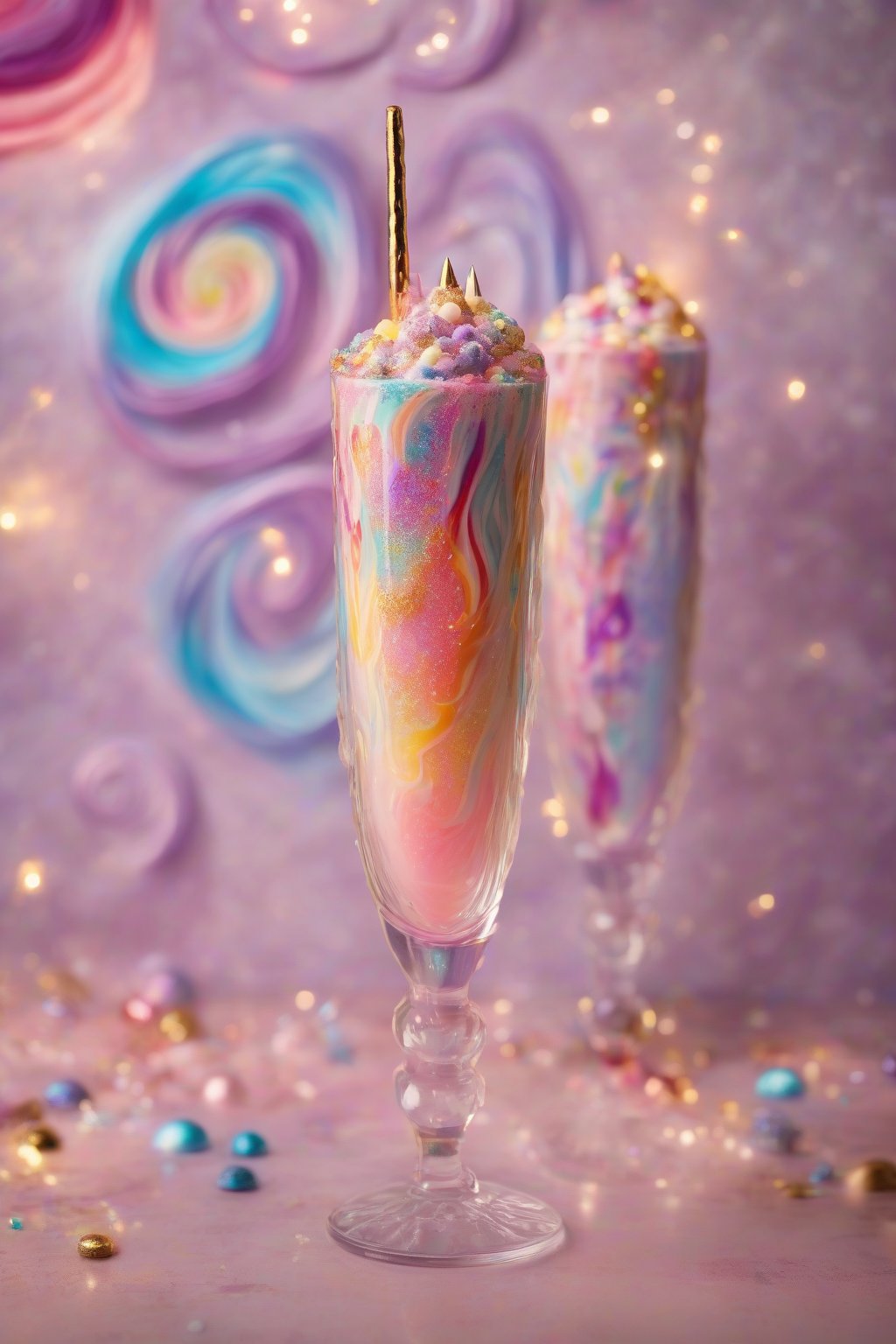 A high-resolution photo of the Unicorn Sparkle Fizz layered in a tall glass with colorful swirls and glittering top under soft lighting.