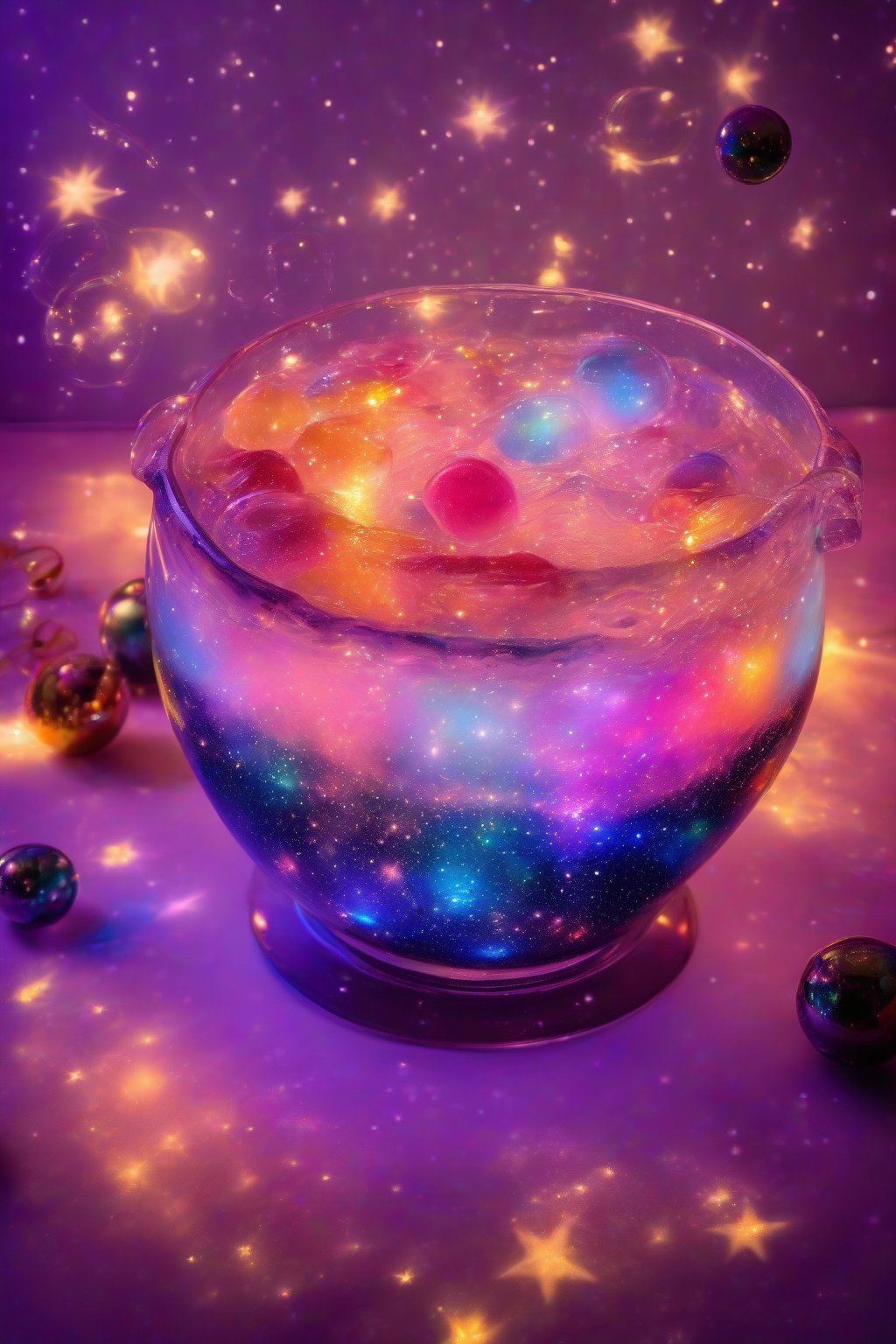 A high-resolution photo of the Galaxy Glow Punch in a punch bowl with glowing stars and bubbles under soft lighting.