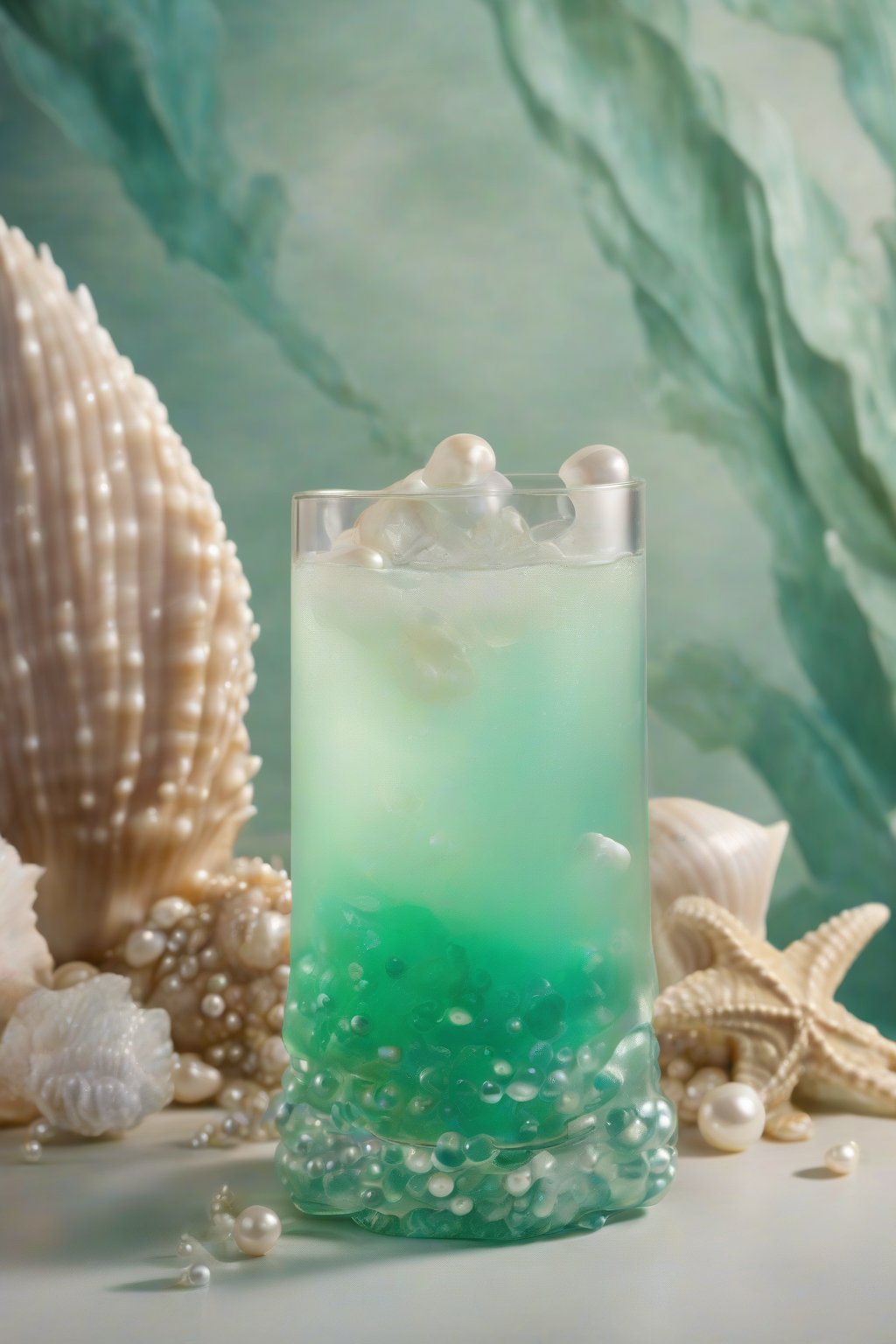 A high-resolution photo of the Mermaid Lagoon Elixir in a seashell glass with pearls and green hues under soft lighting.
