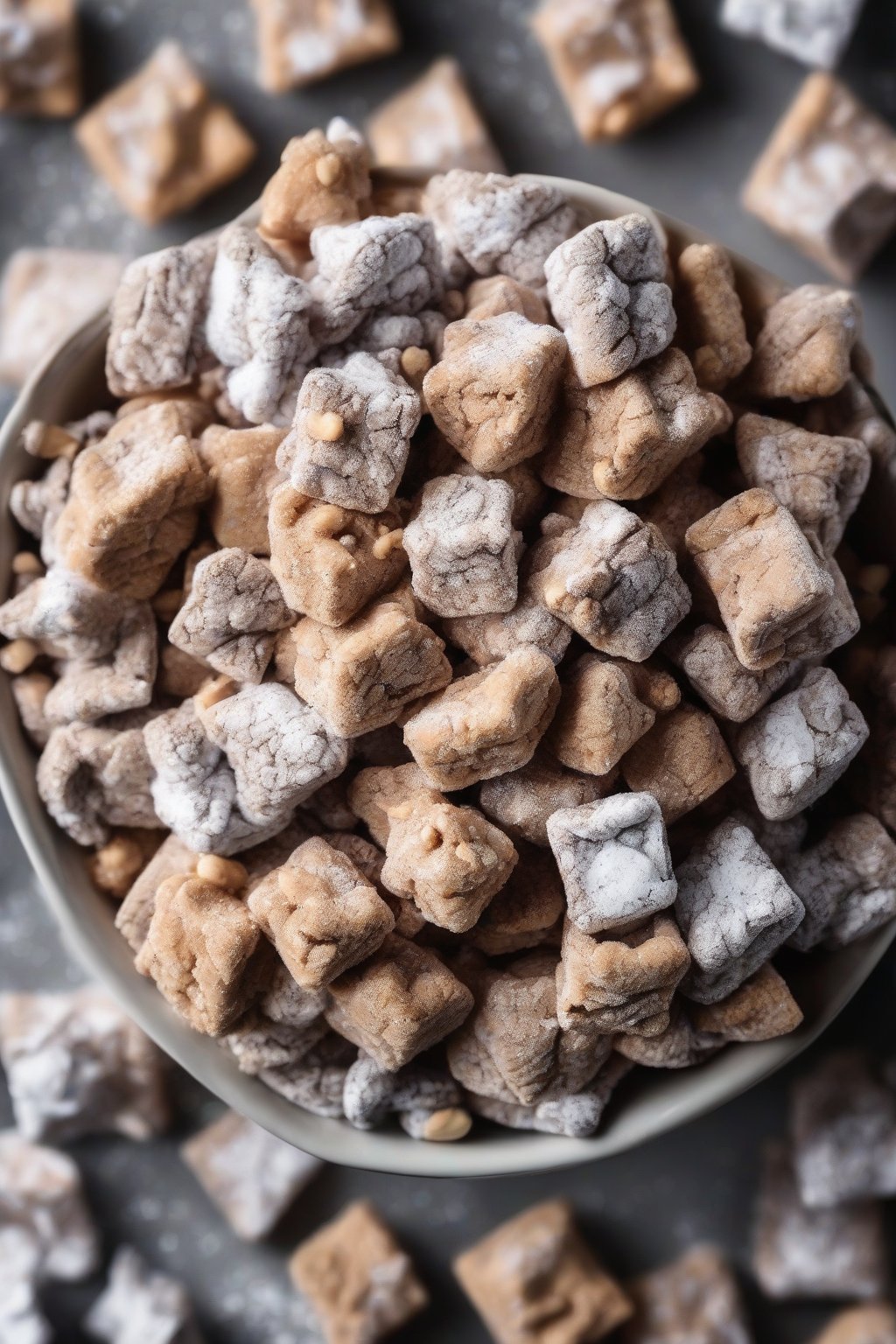 A high-resolution close-up photo of classic peanut butter chocolate muddy buddies piled in a bowl, glistening with powdered sugar under soft lighting.