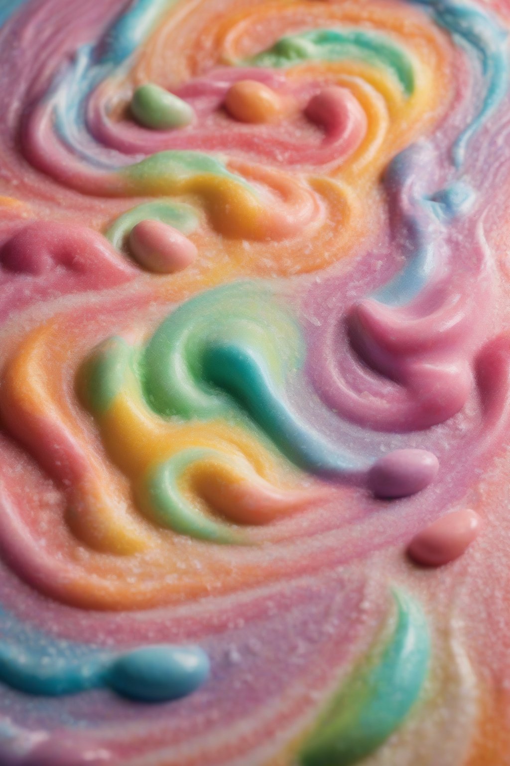 A high-resolution photo of the Rainbow Sherbet Swirl fizzing with colorful scoops and candy bridges under soft lighting.