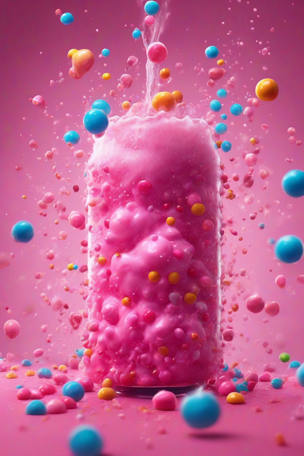 A high-resolution photo of the Bubblegum Blast Soda erupting with pink bubbles and candy bits under soft lighting.