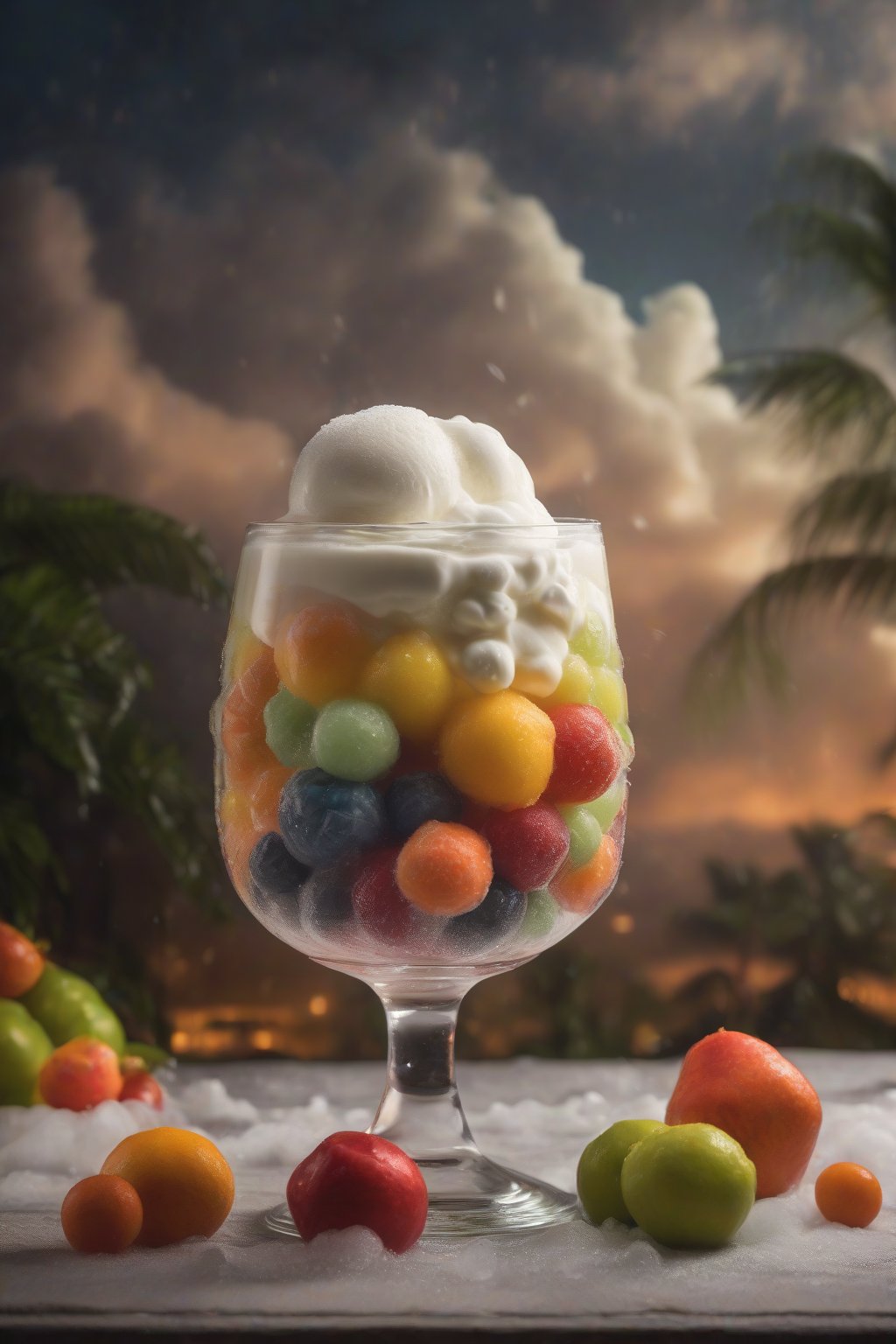 A high-resolution photo of the Tropical Thunderstorm in a hurricane glass with fruit balls and cream clouds under soft lighting.