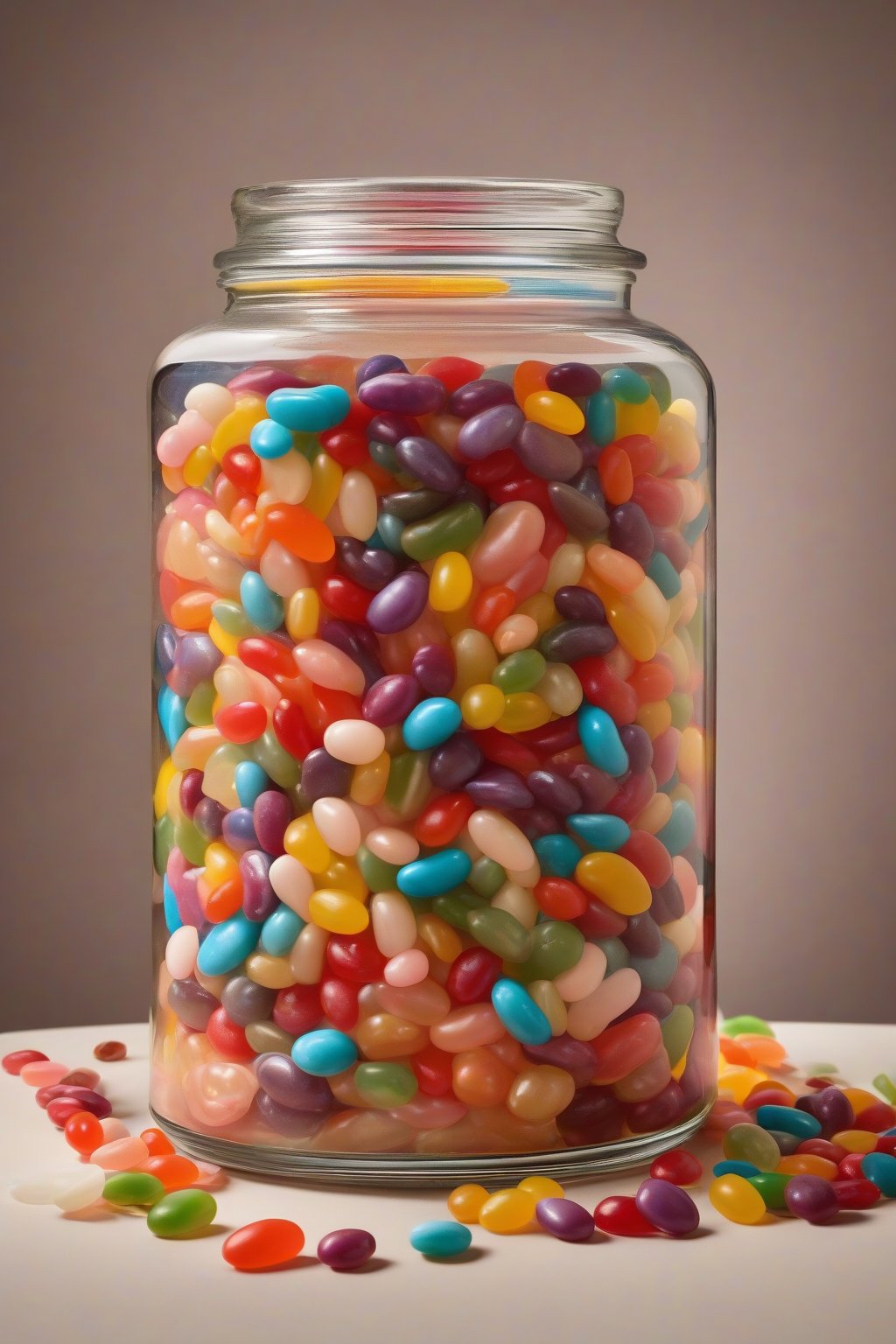 A high-resolution photo of the Jellybean Jamboree Jar with multicolored layers and beans under soft lighting.