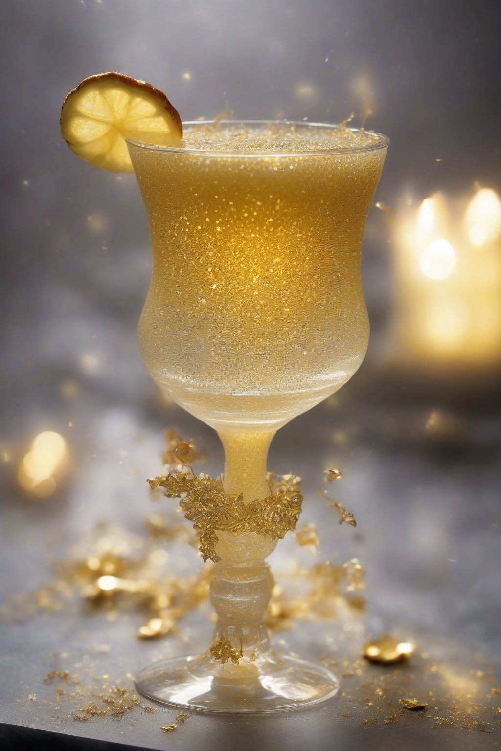 A high-resolution photo of the Pixie Dust Punch shimmering gold in a goblet with foggy base under soft lighting.
