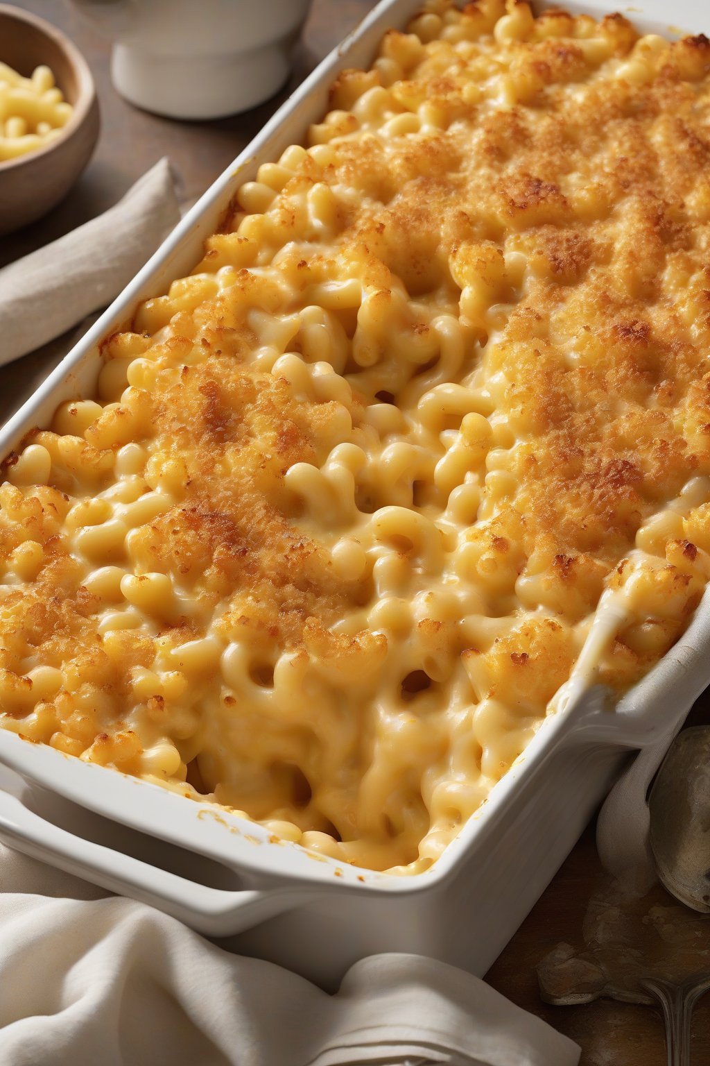 A high-resolution photo of golden-crisp topped classic mac and cheese bubbling in a white baking dish under soft lighting.