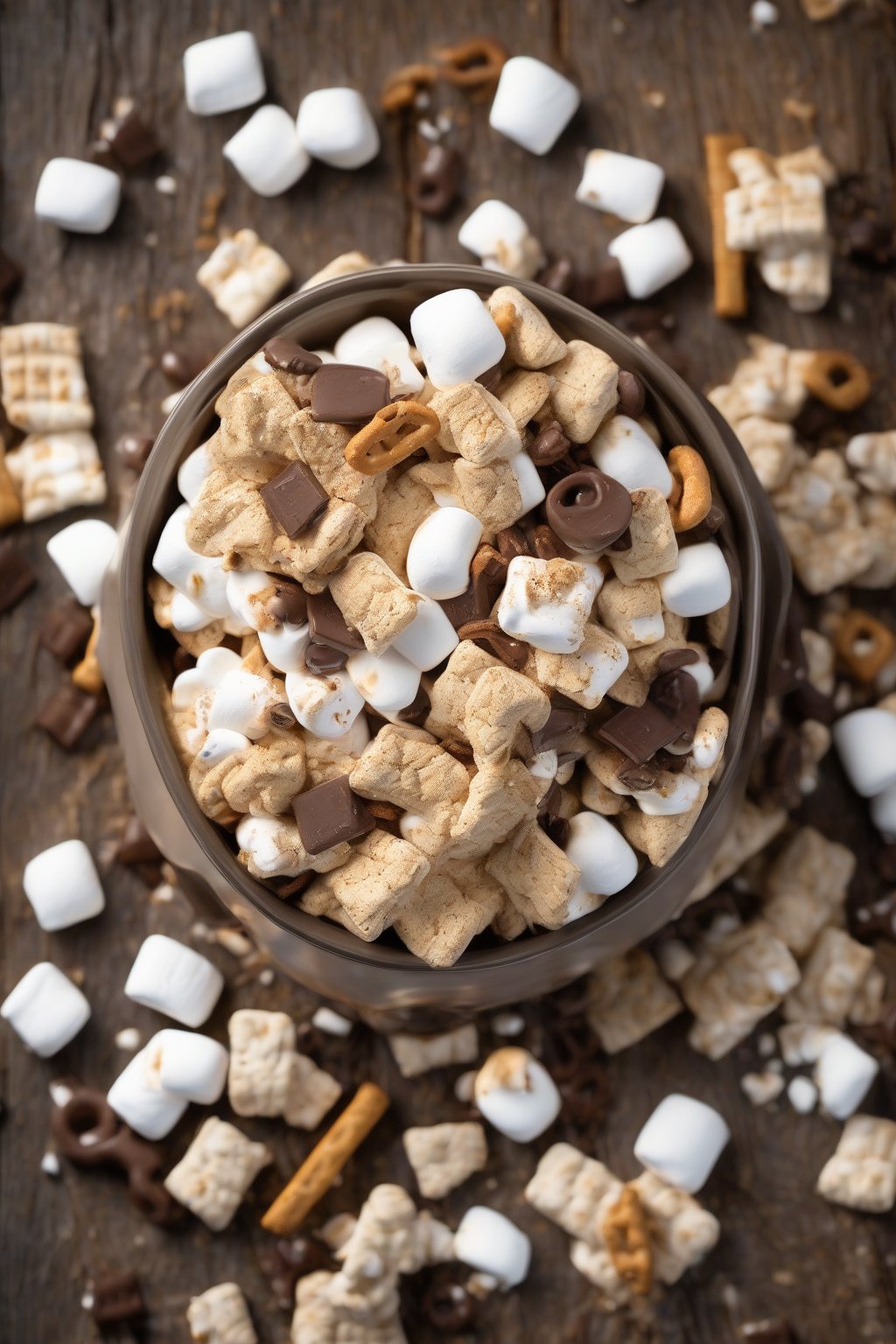 A high-resolution close-up photo of s'mores muddy buddies with marshmallows and pretzel bits scattered on a rustic wooden surface under soft lighting.
