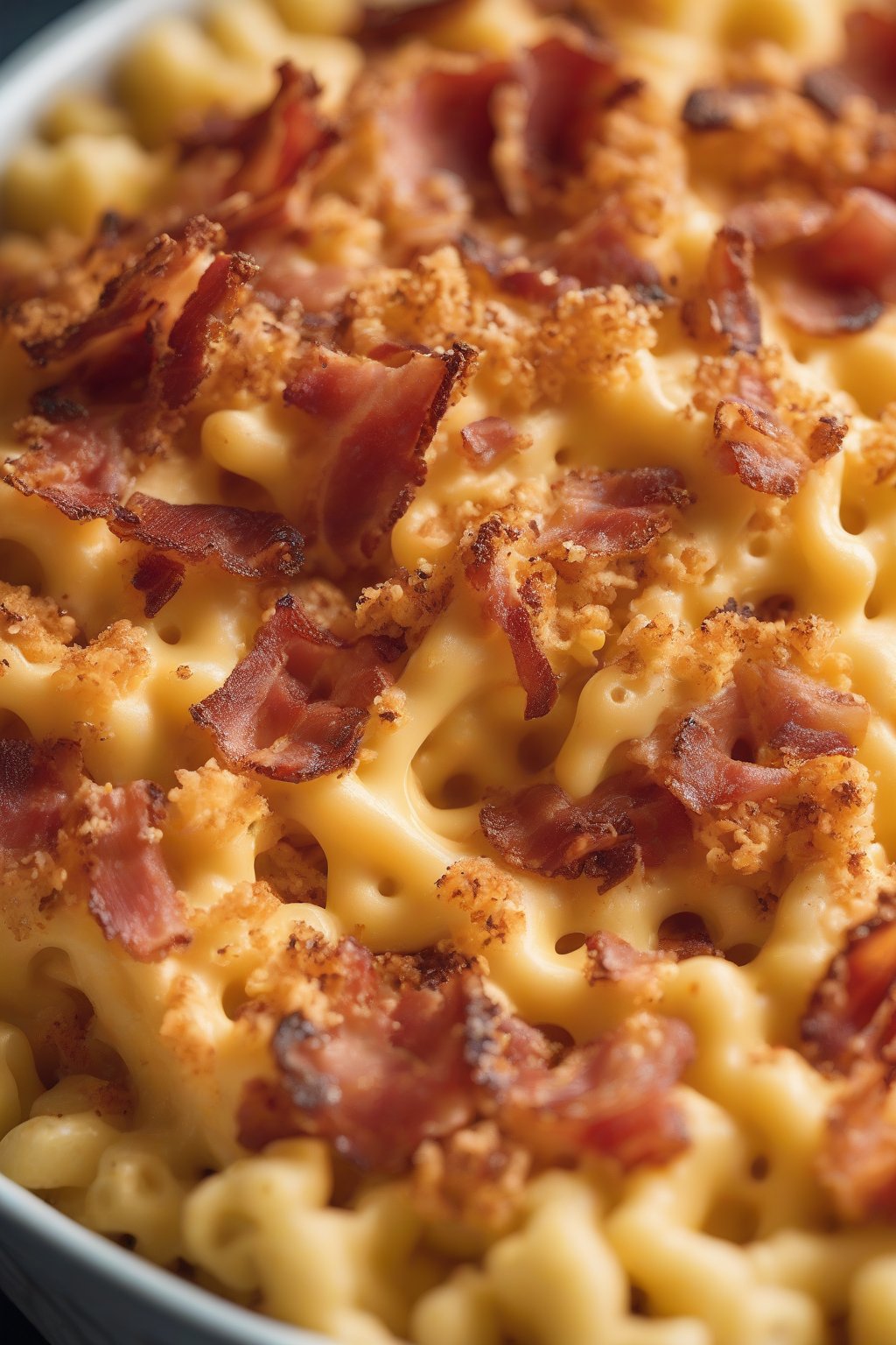 A close-up photo of bacon-studded mac and cheese with ultra-crispy panko under soft lighting.