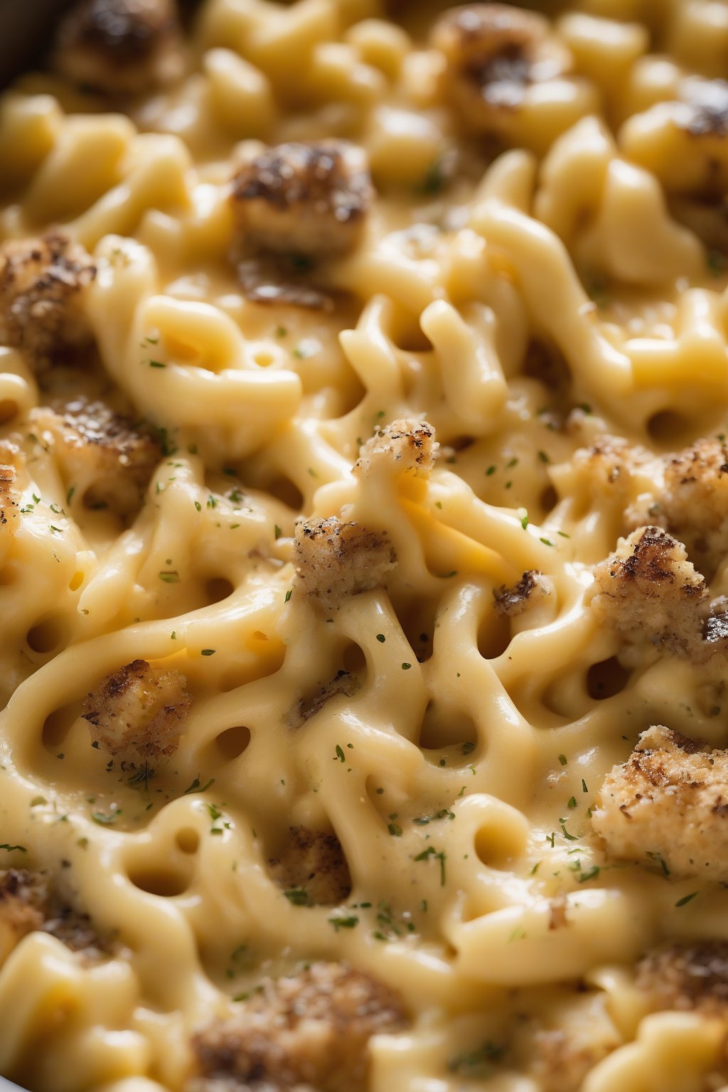 A high-resolution photo of truffle-infused mac and cheese with shimmering crispy top under soft lighting.