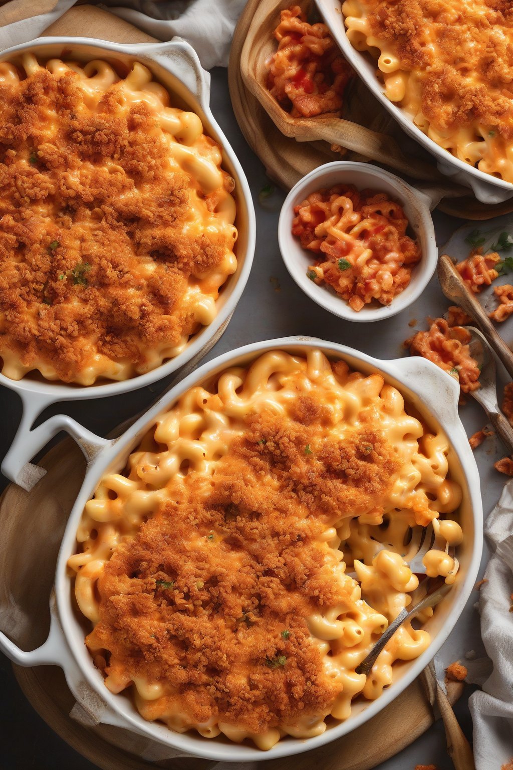 A close-up photo of spicy buffalo chicken mac and cheese with fiery red crisp topping under soft lighting.