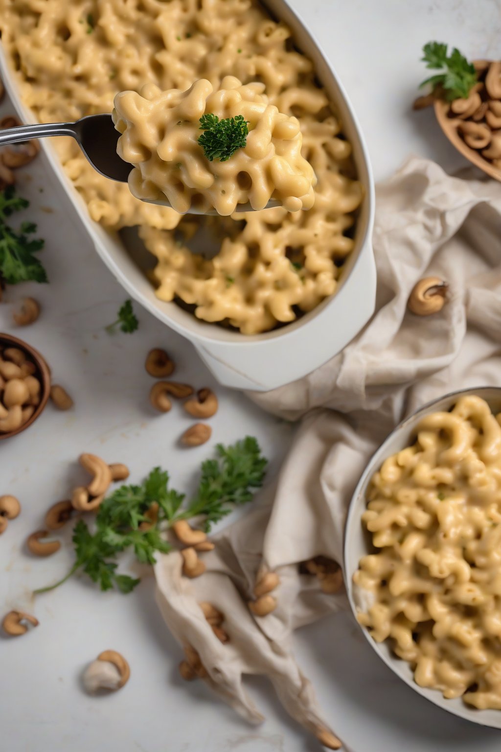 A high-resolution photo of vegan cashew mac and cheese with golden plant-based crisp under soft lighting.