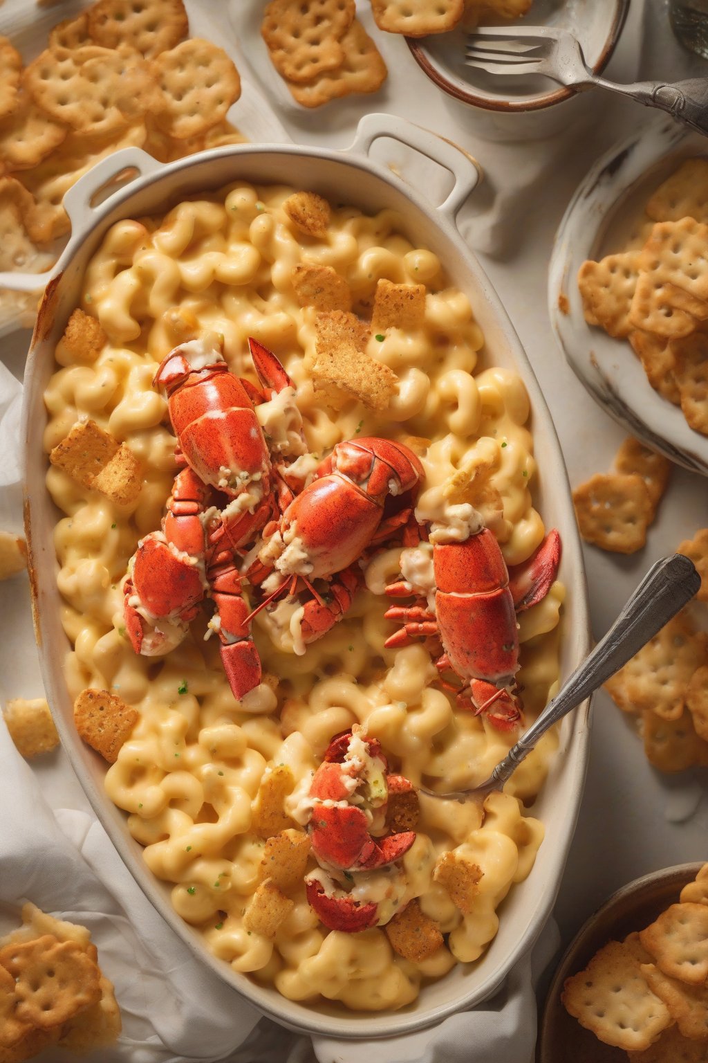 A close-up photo of lobster mac and cheese topped with buttery crispy crackers under soft lighting.