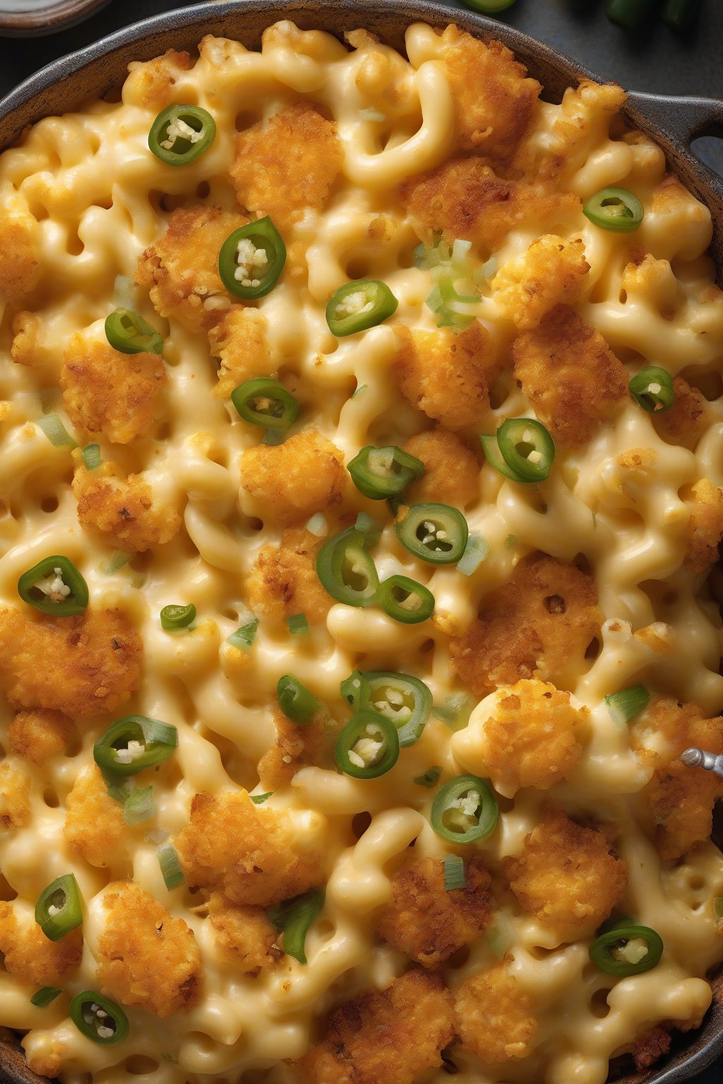 A high-resolution photo of jalapeño-packed mac and cheese with crunchy chip topping under soft lighting.