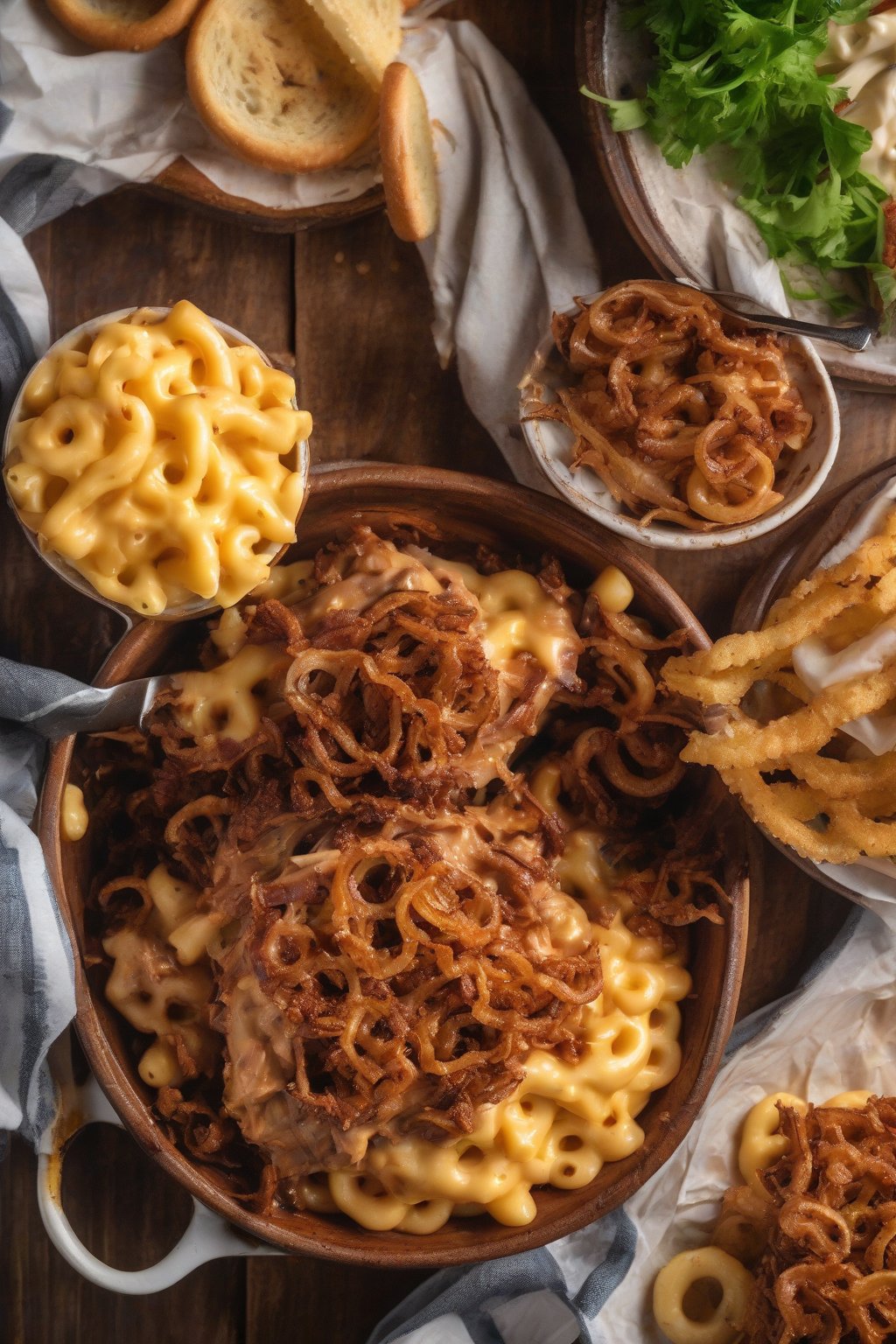 A close-up photo of BBQ pulled pork mac and cheese with crispy onion ring top under soft lighting.