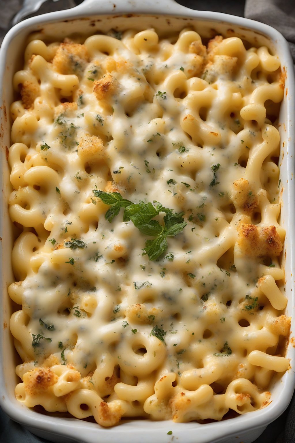 A high-resolution photo of four-cheese Italian mac and cheese with herb-flecked crisp under soft lighting.