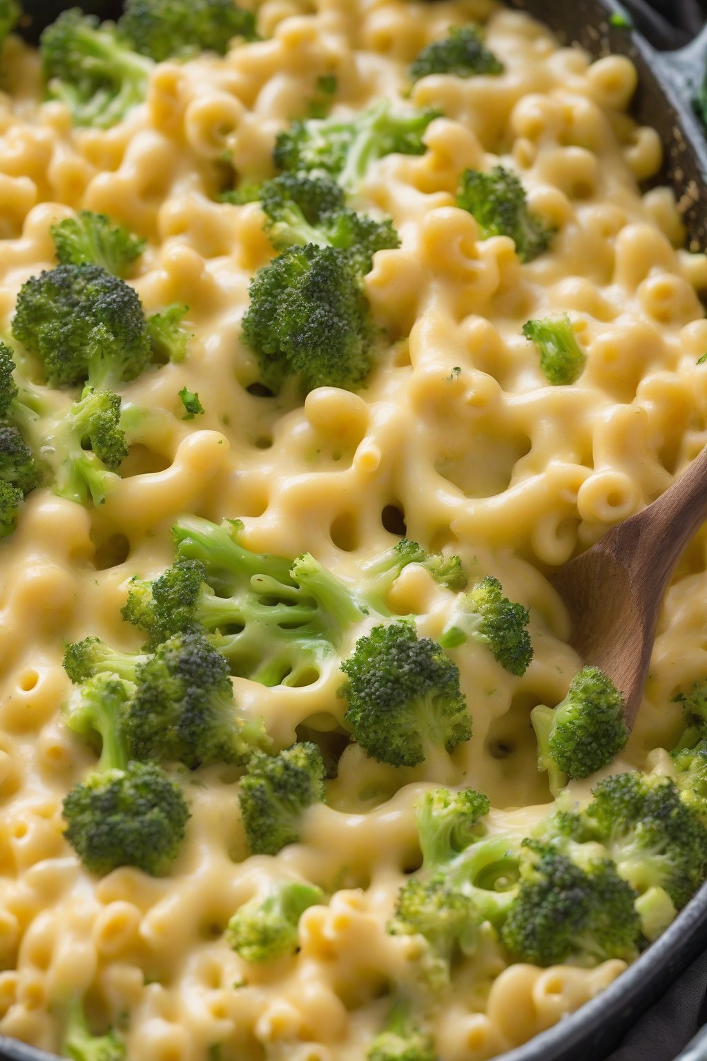 A close-up photo of broccoli cheddar mac and cheese bubbling with green flecks and crisp top under soft lighting.