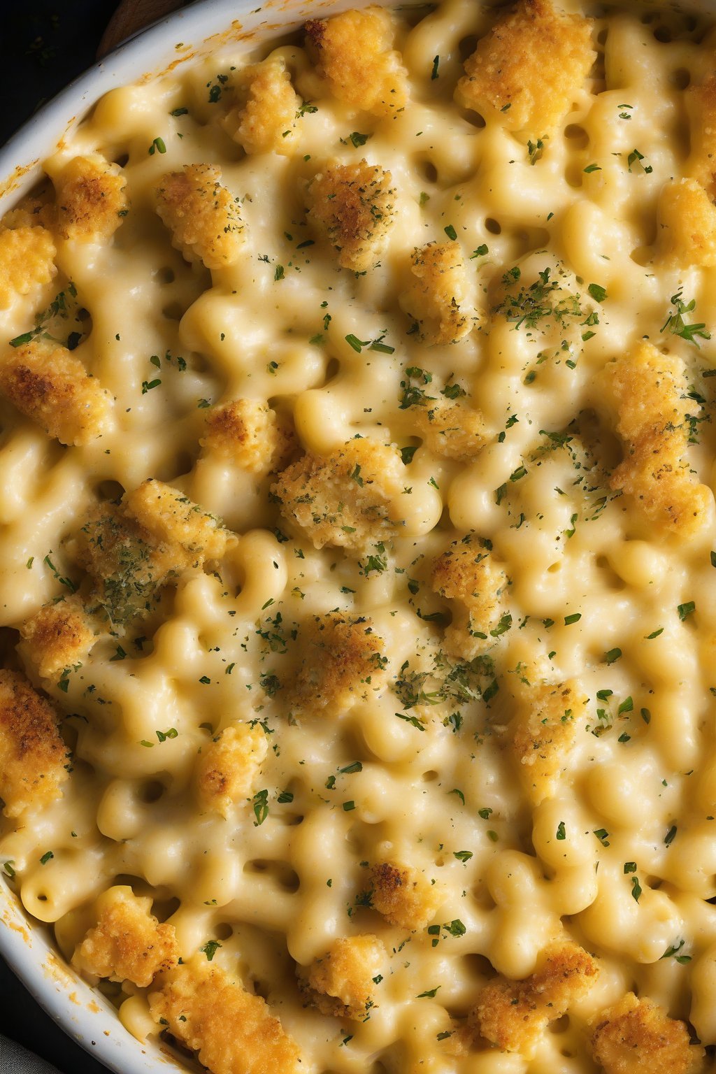 A high-resolution photo of garlic parmesan mac and cheese with herb-crusted golden top under soft lighting.
