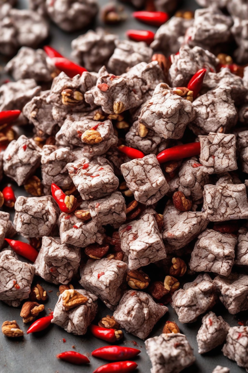 A high-resolution close-up photo of spicy Mexican chocolate muddy buddies with red chili flecks and nut clusters under soft lighting.