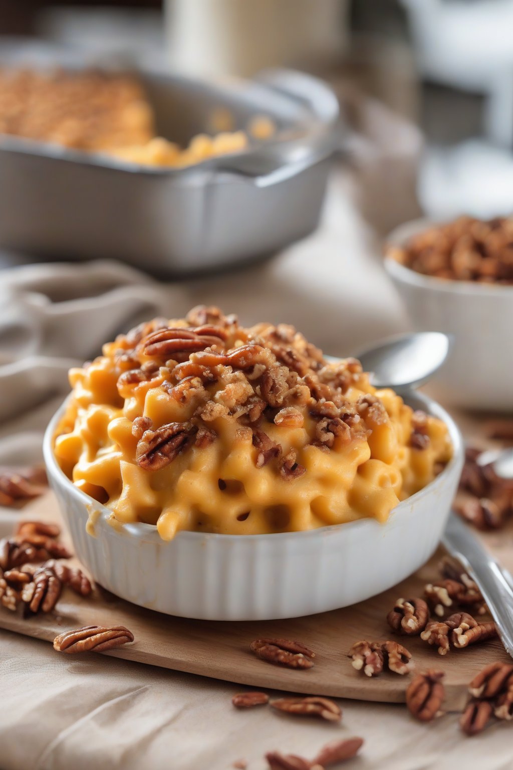 A close-up photo of sweet potato mac and cheese with pecan-crisp streusel under soft lighting.