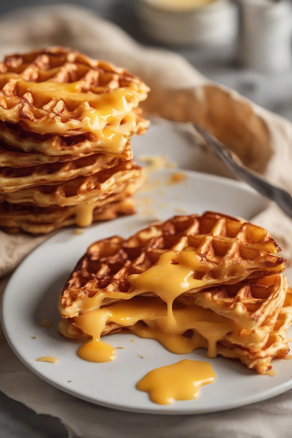 A high-resolution photo of a golden, crispy basic cheddar chaffle stacked on a plate with melted cheese oozing out, under soft lighting.