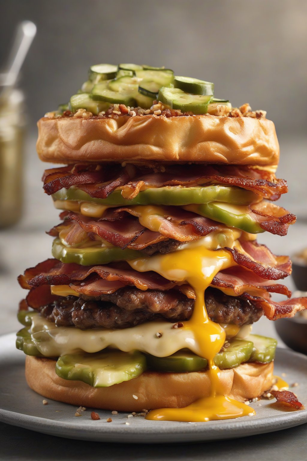 A high-resolution photo of a bacon cheeseburger chaffle topped with sesame seeds and pickles, sliced to show juicy layers, under soft lighting.