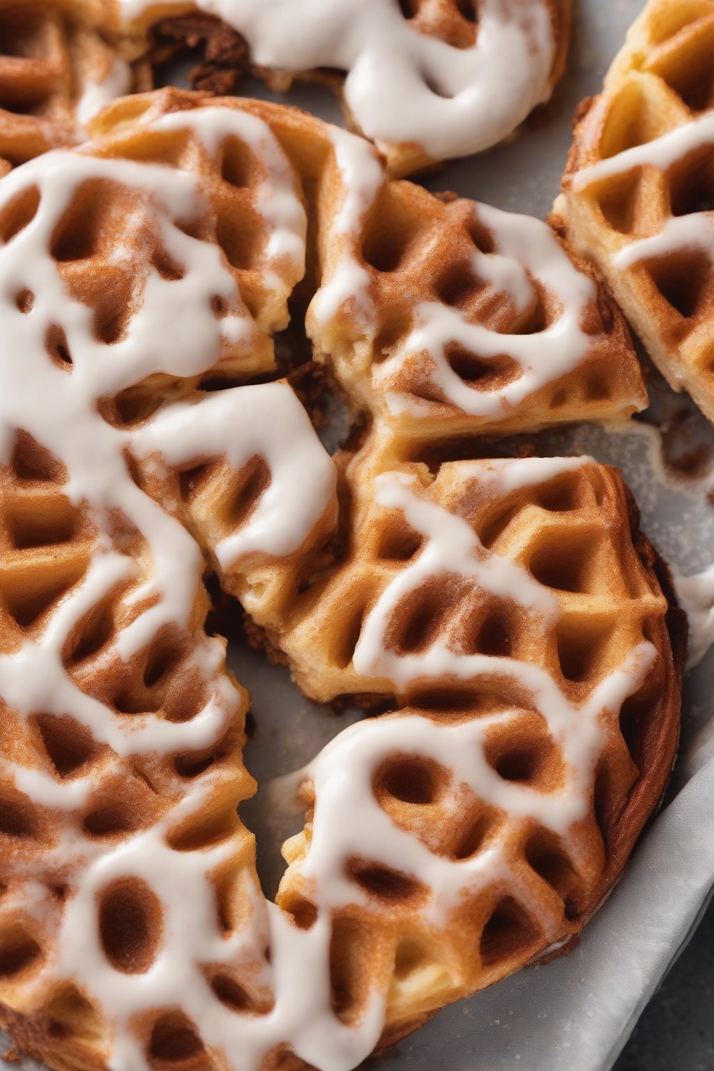 A high-resolution photo of a cinnamon swirl chaffle with icing drizzle and cinnamon dust, cut in half to reveal swirls, under soft lighting.