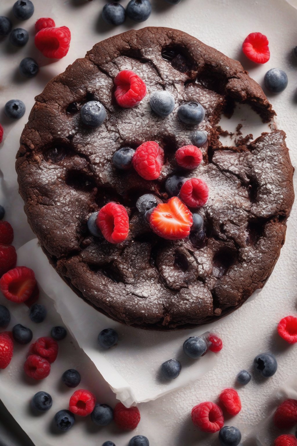 A high-resolution photo of a chocolate brownie chaffle topped with powdered erythritol and berries, gooey center visible, under soft lighting.
