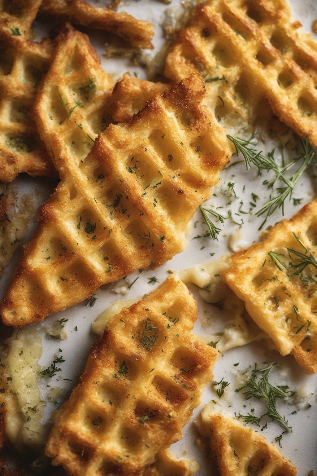 A high-resolution photo of garlic parmesan chaffle sticks with golden crust and herb flecks, butter glistening, under soft lighting.