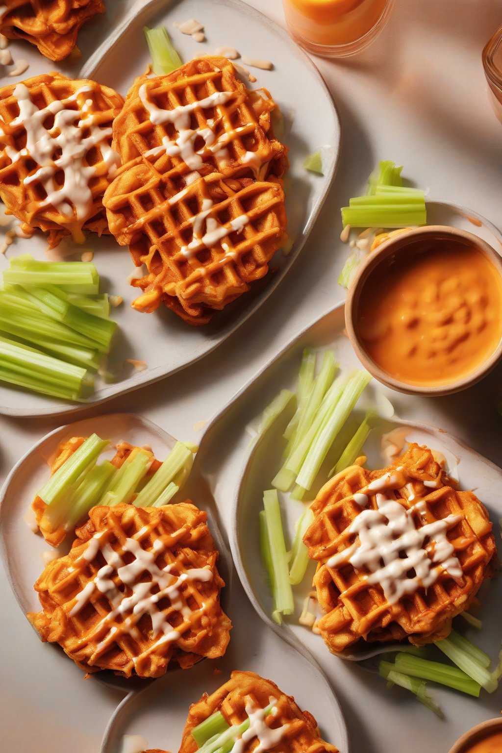 A high-resolution photo of buffalo chicken chaffle with sauce drizzle and celery sticks on the side, vibrant orange hues, under soft lighting.