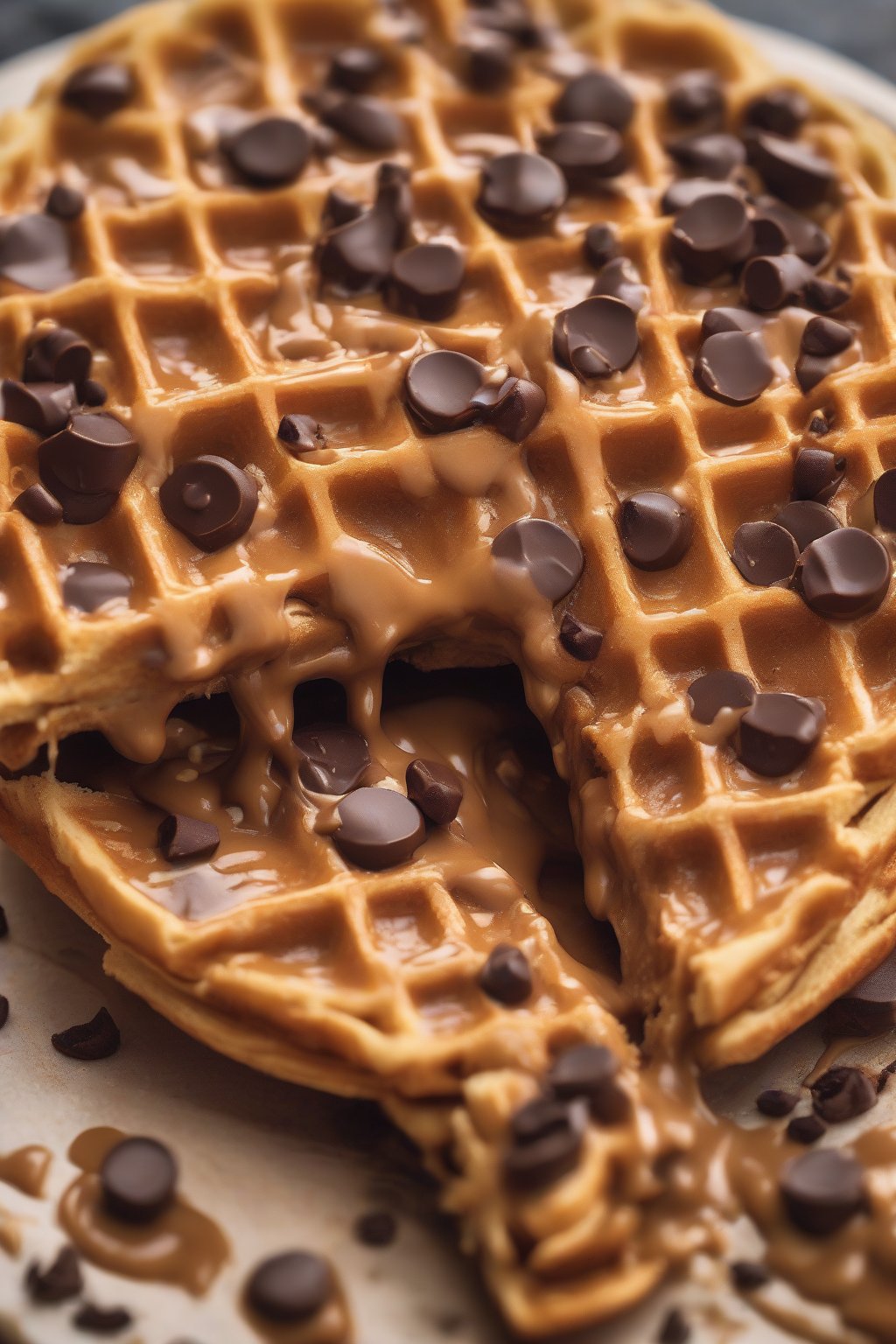 A high-resolution photo of a peanut butter chaffle oozing with melted PB and chocolate chips, close-up texture, under soft lighting.