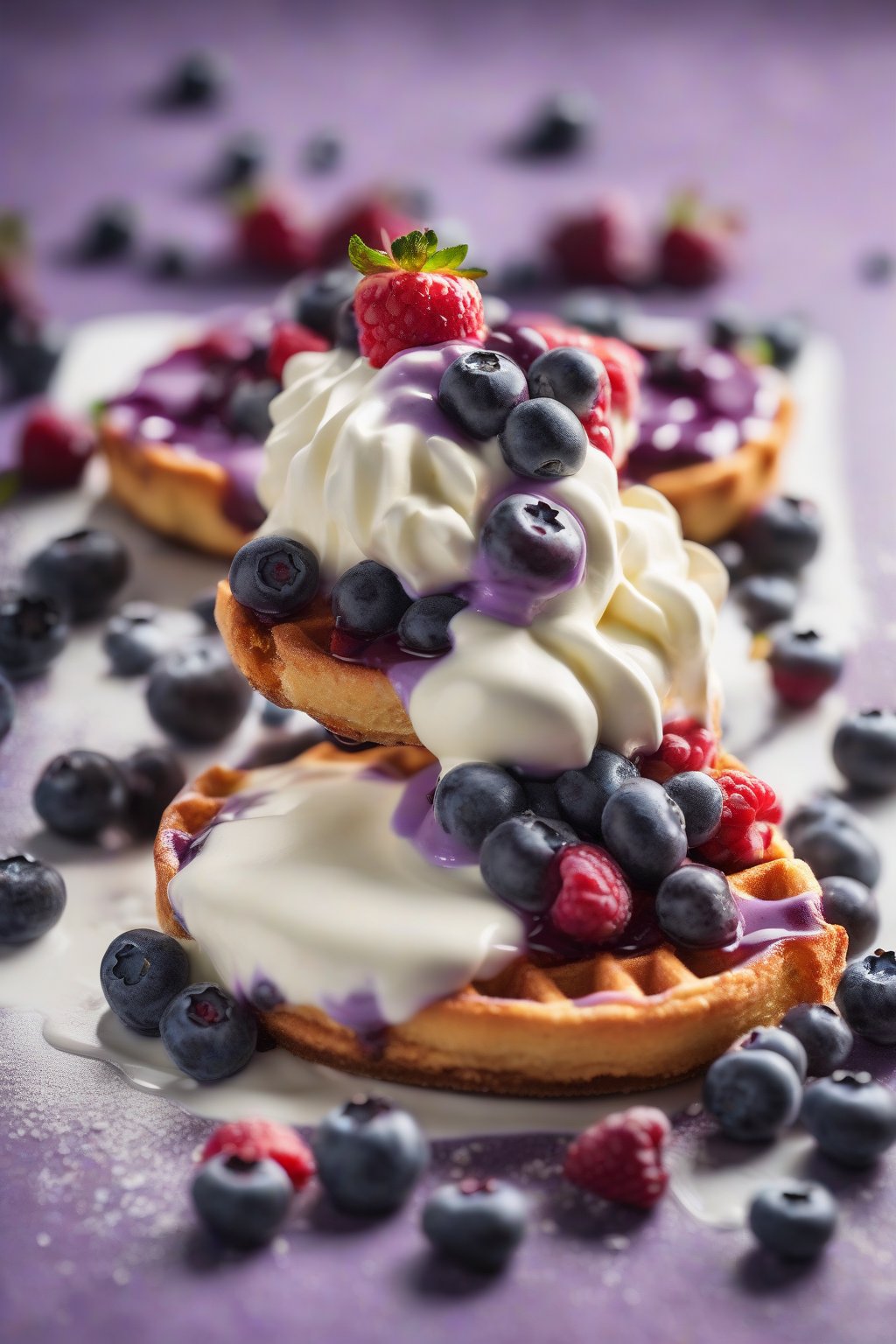 A high-resolution photo of blueberry cheesecake chaffle with cream topping and fresh berries scattered, soft purple tones, under soft lighting.