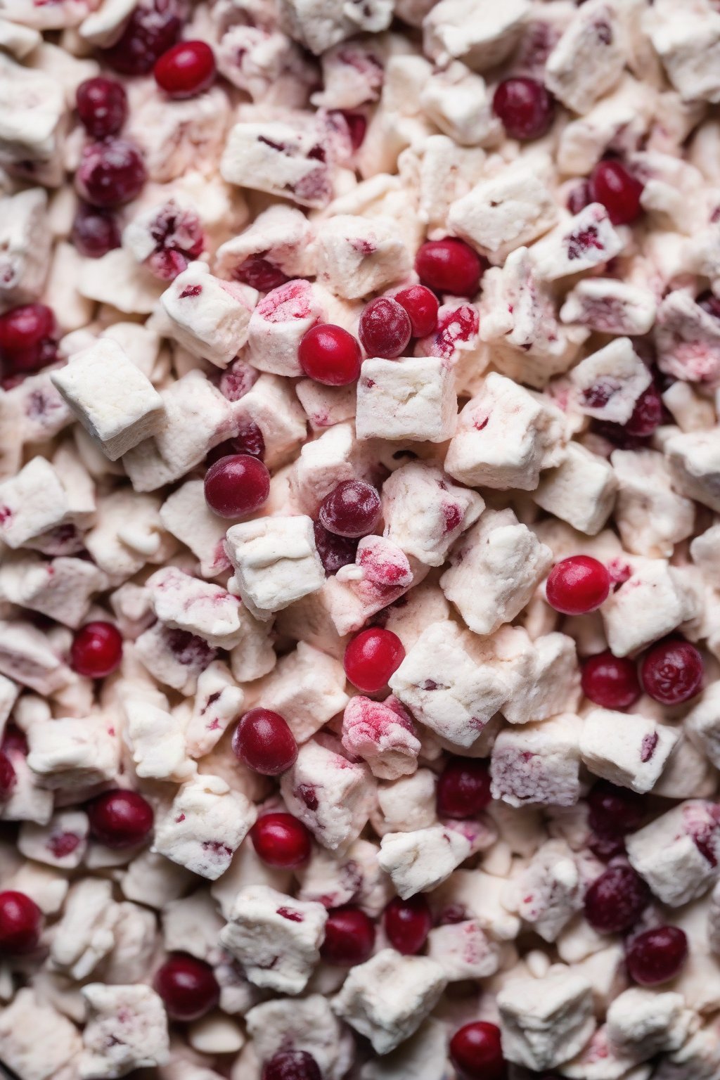 A high-resolution close-up photo of white chocolate cranberry muddy buddies with pinkish-red berries peeking through the coating under soft lighting.