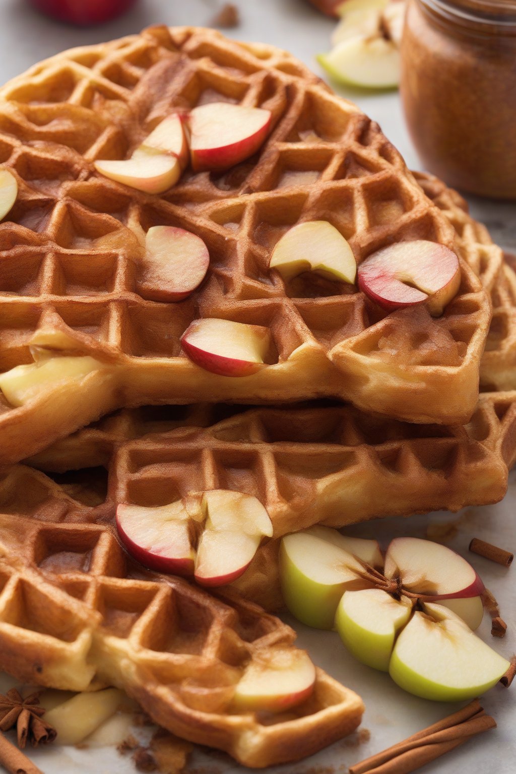 A high-resolution photo of apple cinnamon chaffle with diced "apples" peeking through, warm spices visible, under soft lighting.