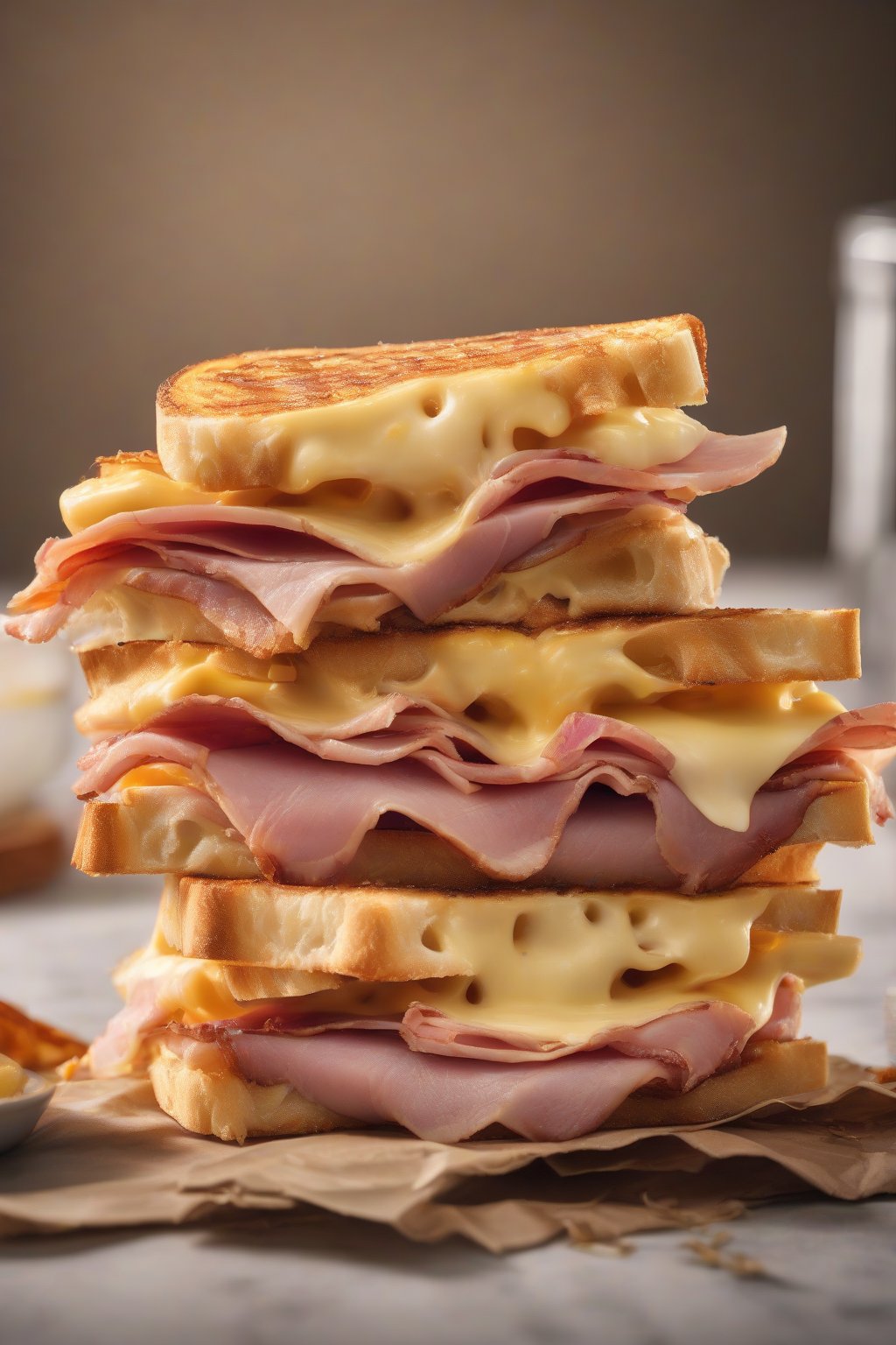 A high-resolution photo of ham and Swiss chaffle sandwich halved, cheese melting out with ham bits, under soft lighting.