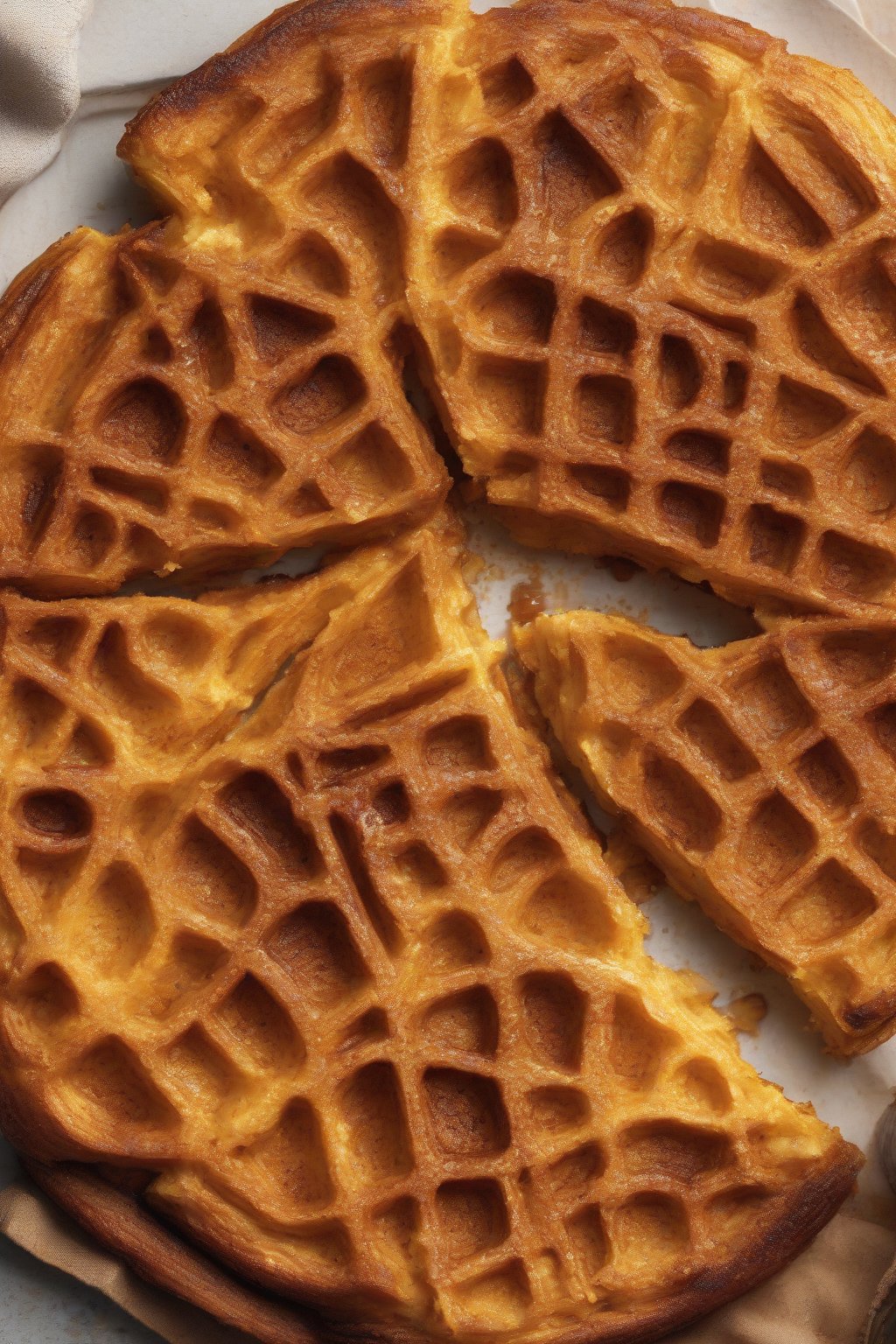 A high-resolution photo of pumpkin spice chaffle with orange flecks and spice dusting, autumnal glow, under soft lighting.