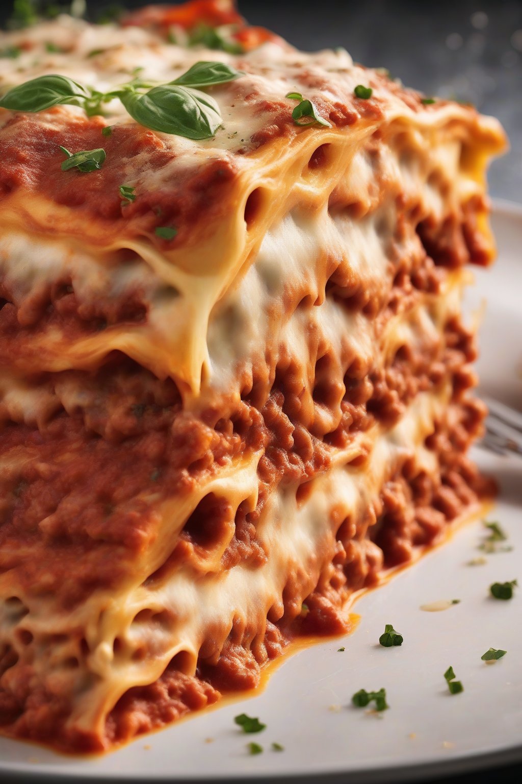 A high-resolution photo of a slice of classic Bolognese lasagna with visible meaty layers and bubbly cheese, under soft lighting.