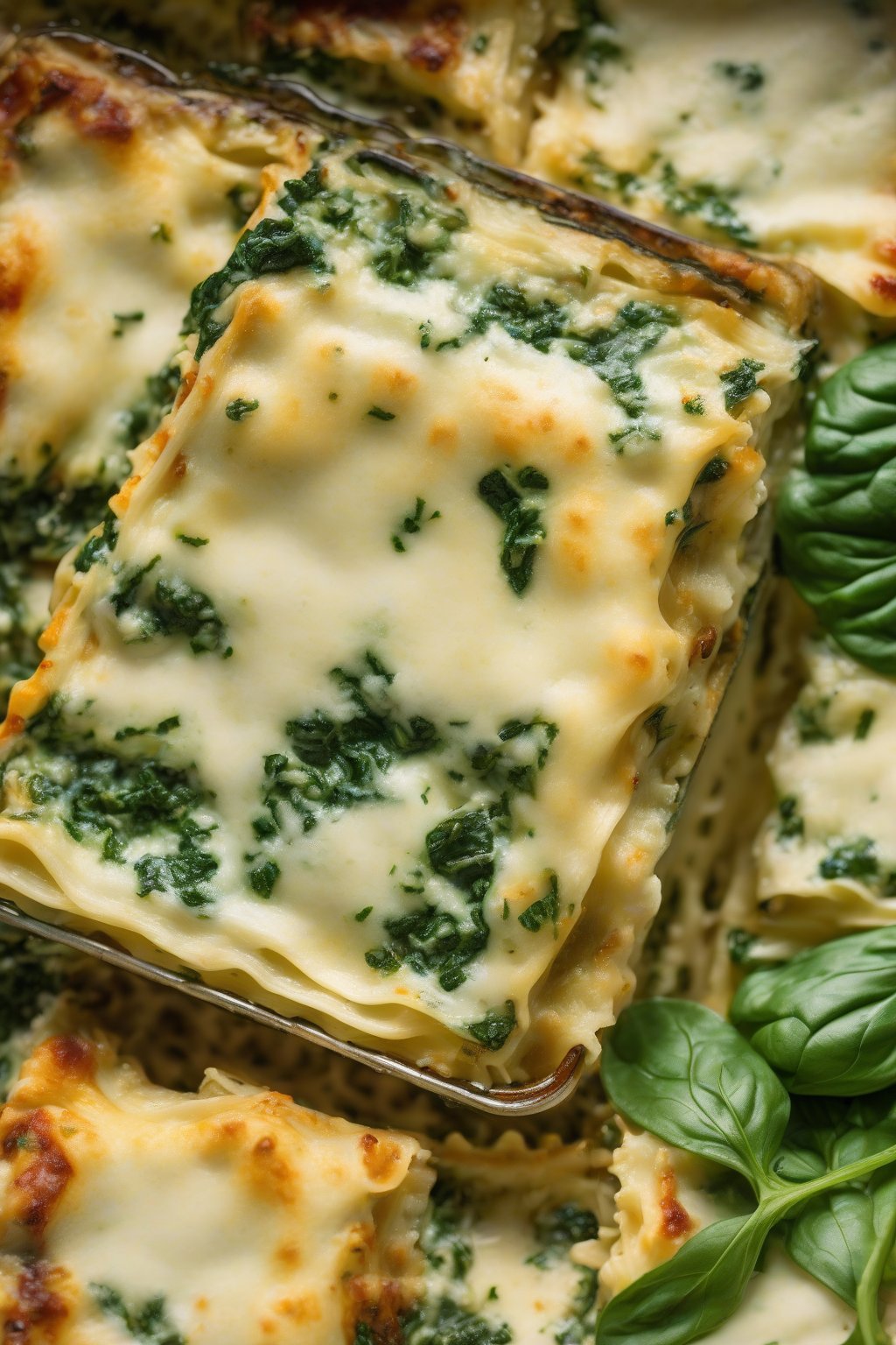 A high-resolution photo of vegetarian spinach and ricotta lasagna with vibrant green flecks peeking through creamy layers, under soft lighting.