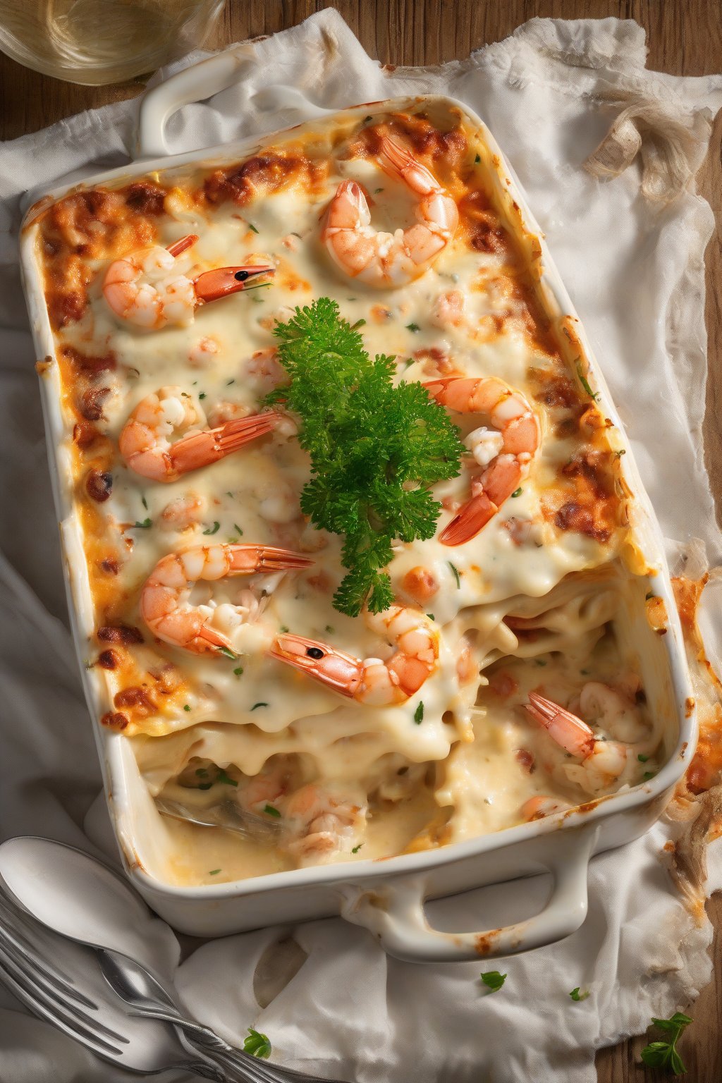A high-resolution photo of seafood lasagna topped with shrimp and crab, creamy sauce bubbling over, under soft lighting.