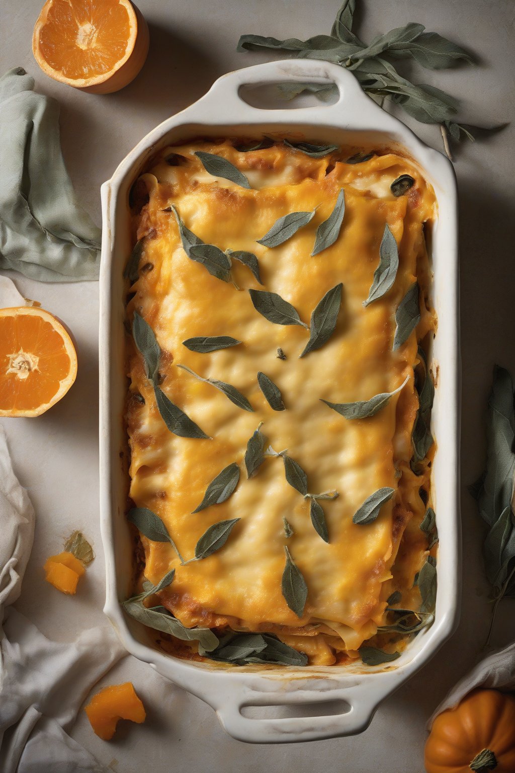 A high-resolution photo of butternut squash lasagna with golden orange layers and crispy sage leaves, under soft lighting.
