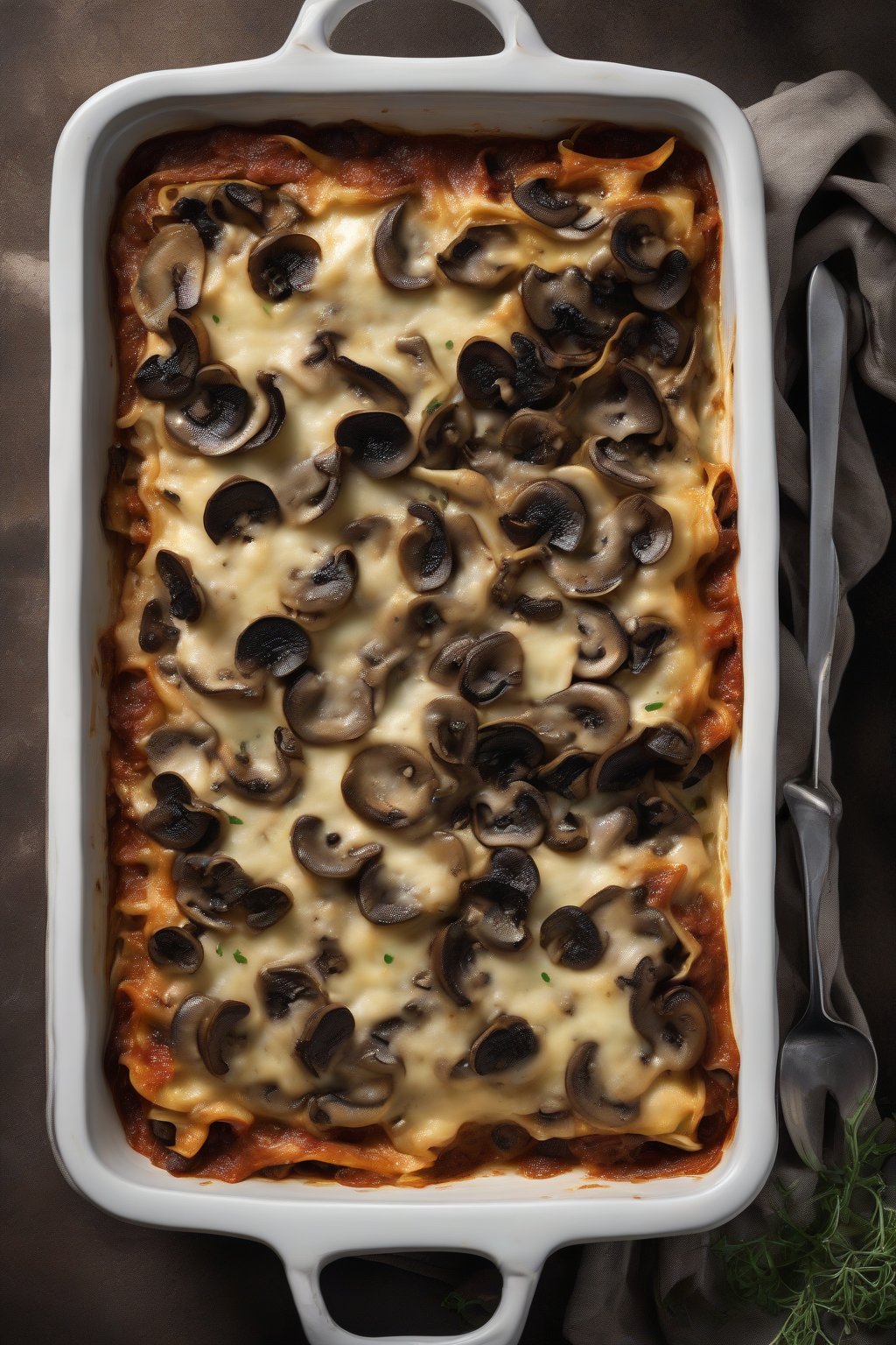 A high-resolution photo of wild mushroom lasagna with dark, glossy mushroom slices layered between pasta, under soft lighting.