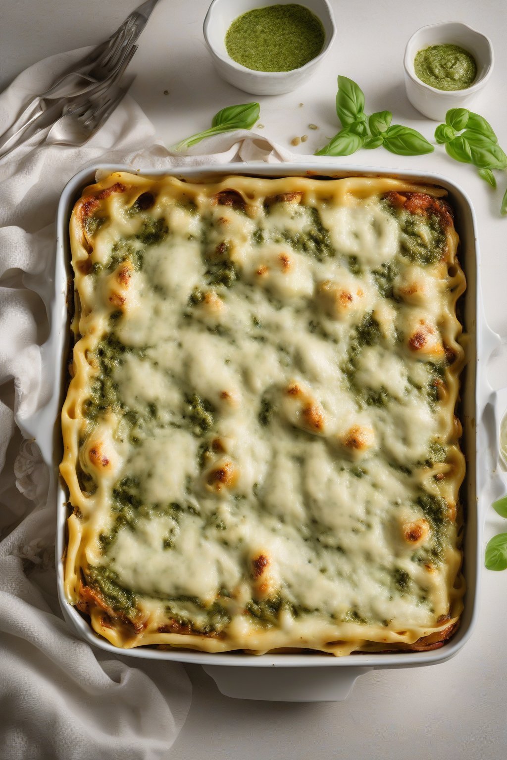 A high-resolution photo of chicken pesto lasagna with green pesto swirls and melted cheese pull, under soft lighting.