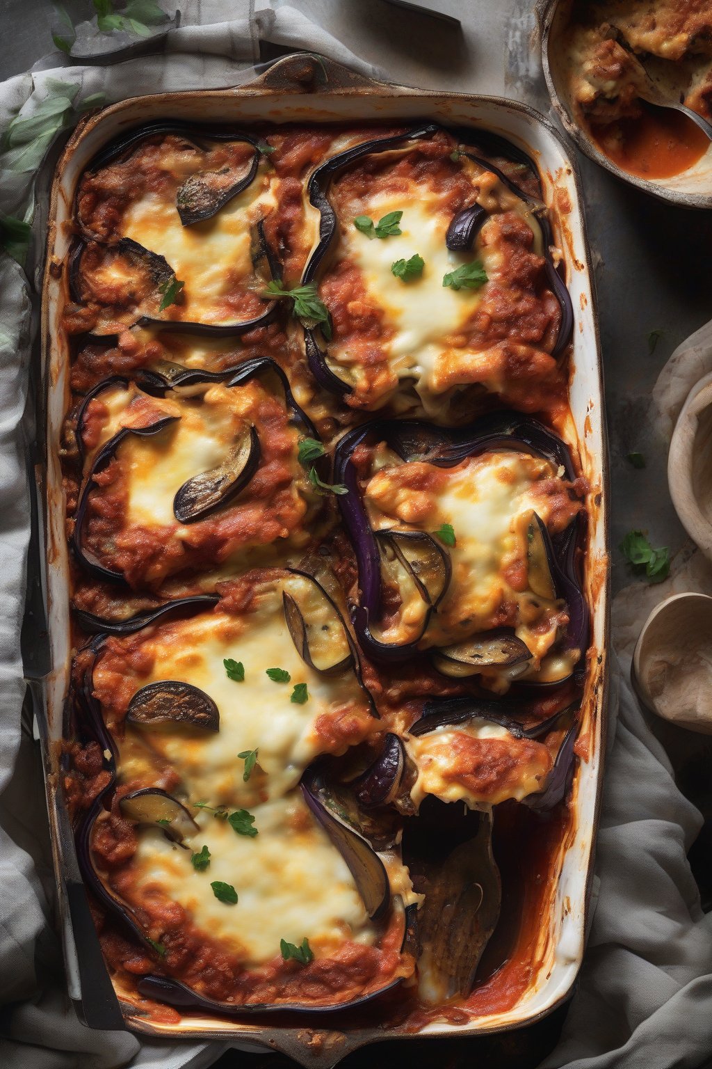 A high-resolution photo of eggplant lasagna with charred eggplant rounds and gooey cheese, under soft lighting.